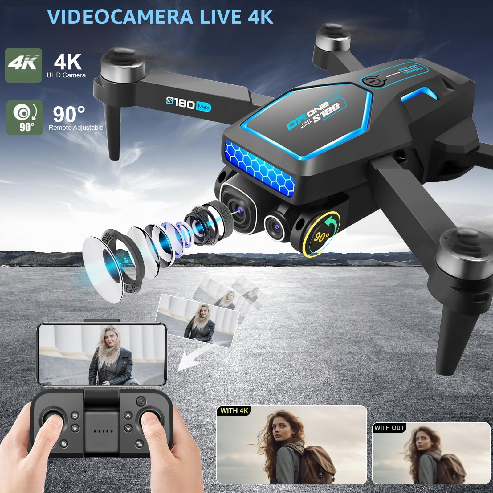OBEST Drone con Telecamera 4K,Drone Professionale con Telecamera Elettrica Regolabile,Seguire In Modo Intelligente,Droni RC Wifi FPV Trasmissione Quadcopter per Principianti