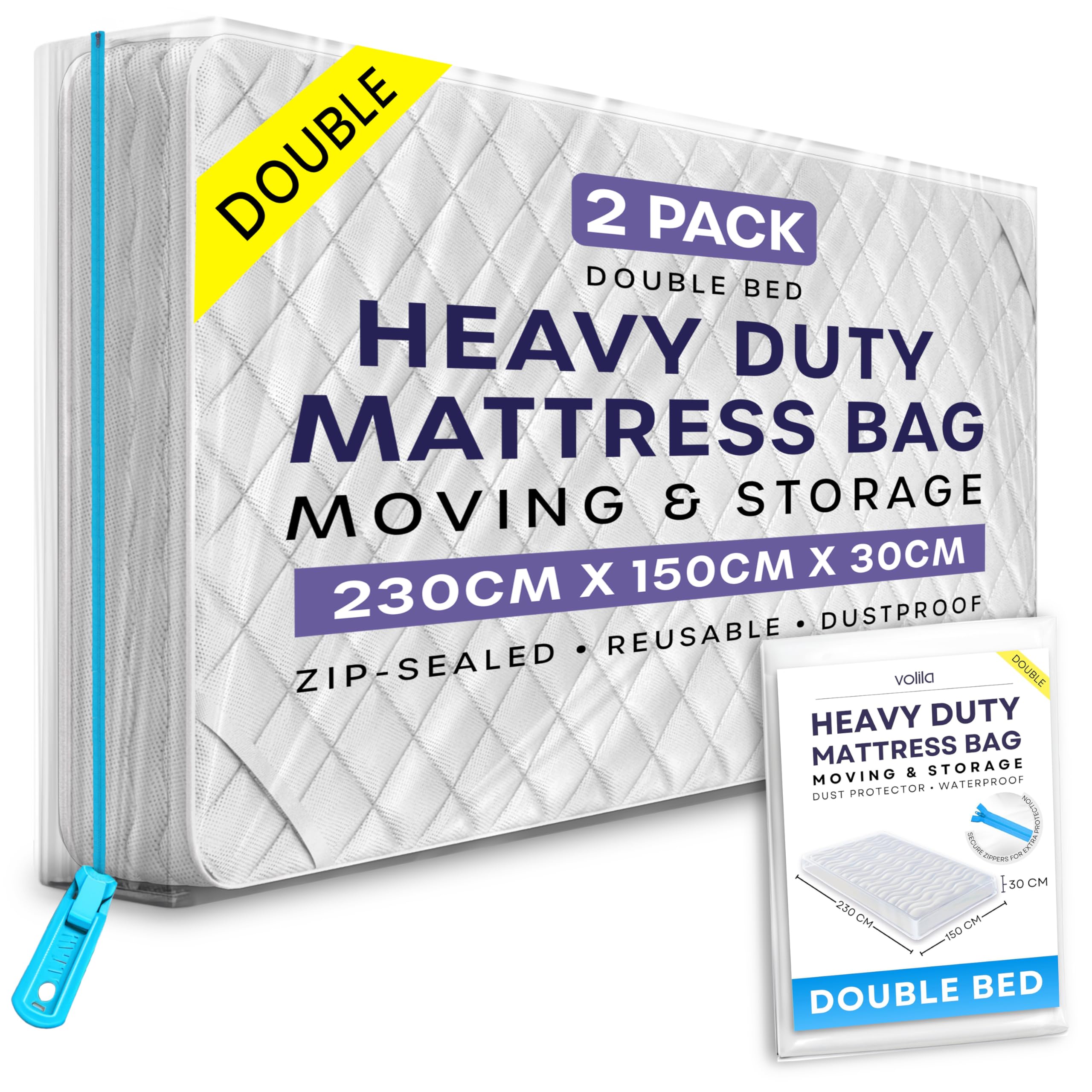 Volila 0 Double Mattress Storage Bag With Zipper - 2 Pack Waterproof Mattress Cover For Moving - Mattress Bag To Protect Beds From Stains, Dust, And Pest Damage - Plastic Mattress Cover