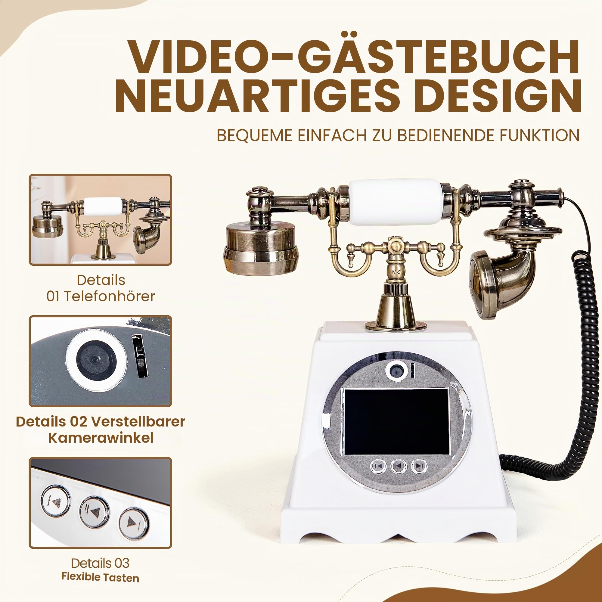 Video Gästebuch Hochzeit Telefon Festnetz (Art Deco, Retro Weiß)
