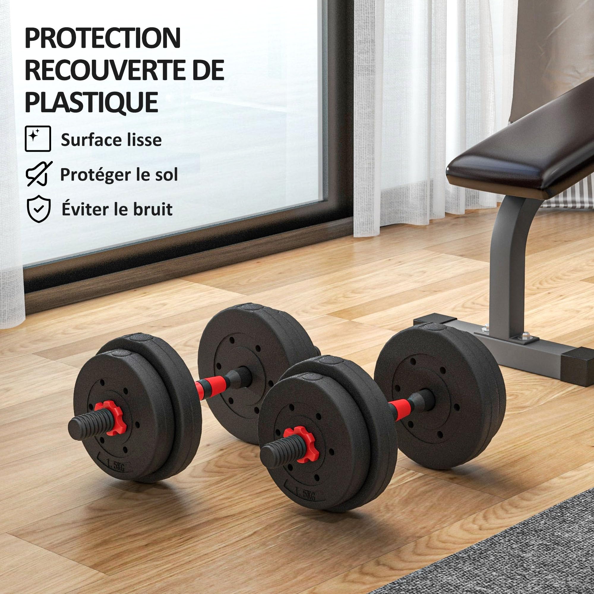 HOMCOM Set di manubri corti 15 kg 2 in 1 peso regolabile - barre incluse - allenamento muscolare e sollevamento pesi - HDPE acciaio nero rosso