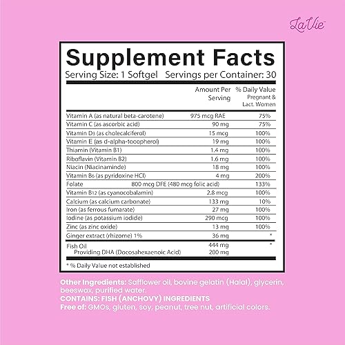 Miniatura 6 de LaVie Vitaminas prenatales con jengibre, DHA, ácido fólico y hierro, imprescindibles para el embarazo para el desarrollo cerebral y corporal del