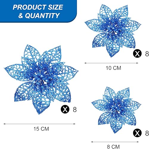 Vista 77 de 24 piezas de adorno de árbol de Navidad de Nochebuena con brillantina. Adorno de decoración de flores de Navidad. 3, 4 y 6 pulgadas / 7.62, 10.16