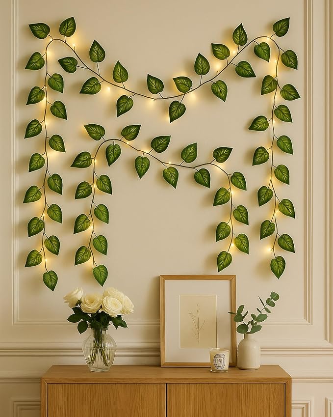 Homesake Battery Operated Home Decor Money Plant Leaf Garland Wreath Vine, Ramadan Decorations for Home, ramzan Festive Decor, Diwali Lights for Decoration Home 50 LED - Set of 2(Plastic, Green)