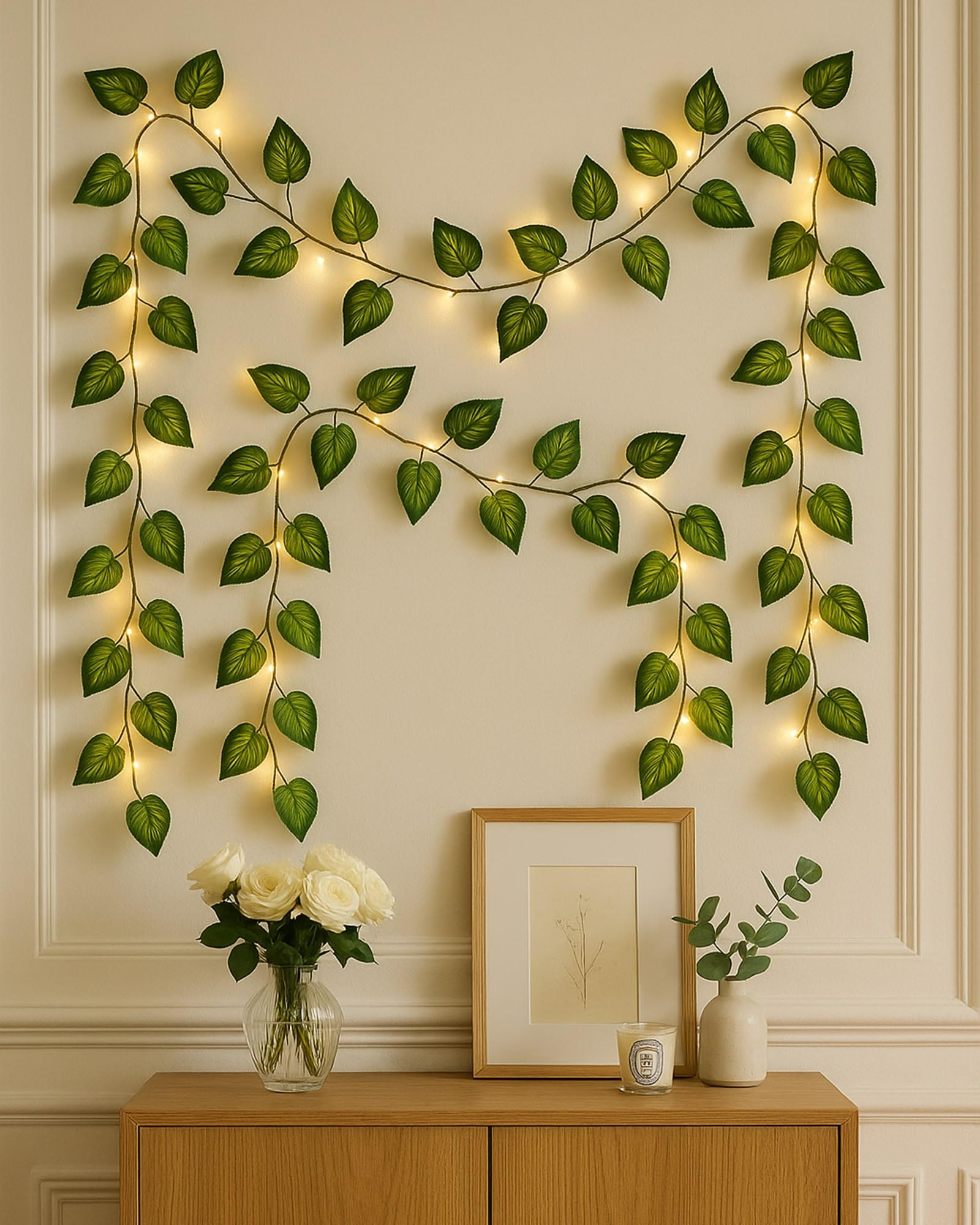 Homesake Battery Operated Home Decor Money Plant Leaf Garland Wreath Vine,Ramadan Decorations for Home,ramzan Decoration Items String Lights with 50 LED - Set of 2(Plastic, Green)-image-34