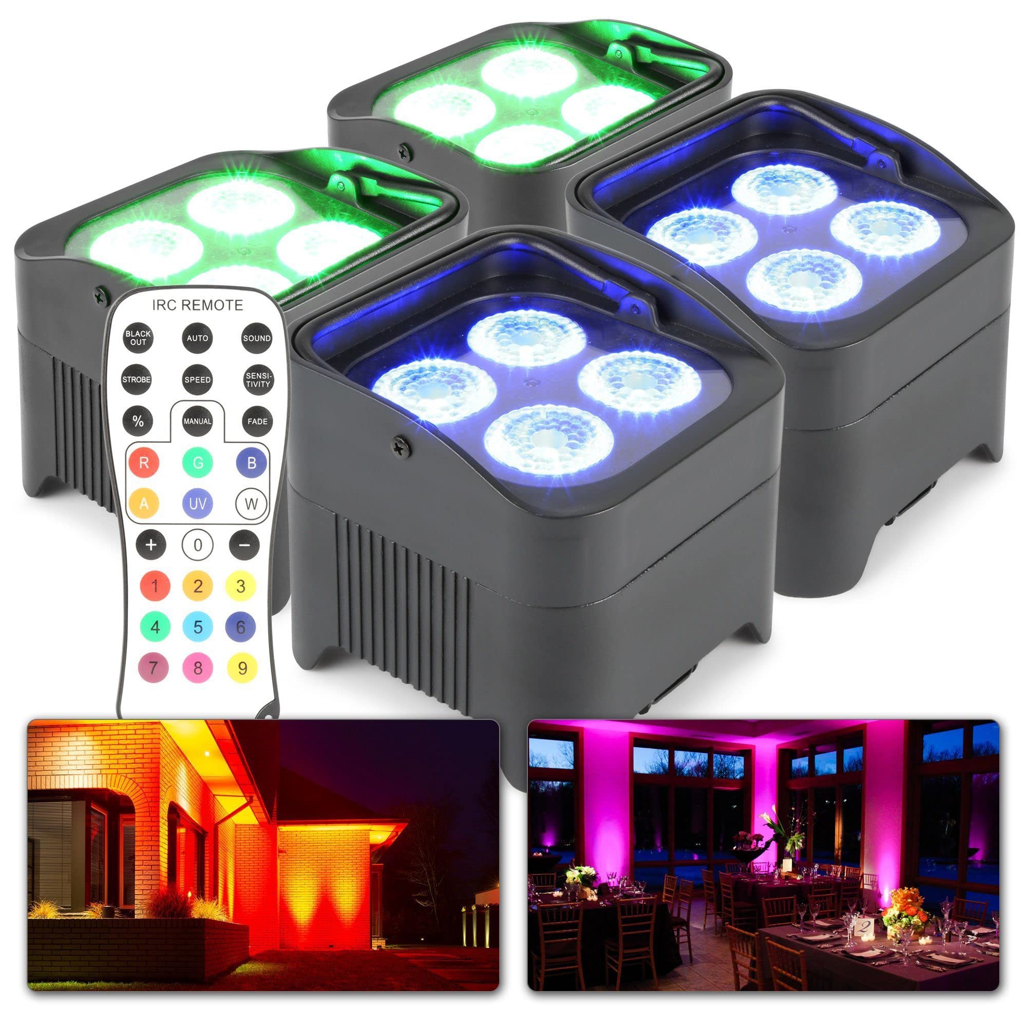 BeamZ BBP94 Uplight LED Par Strahler, 4er Set, 4 x 10 Watt, Akku Bühnenbeleuchtung 4er Set für DJ Pult, Bühnenlicht, DMX-LAN, Partylicht Musikgesteuert, Bühnenequipment, Fernbedienung