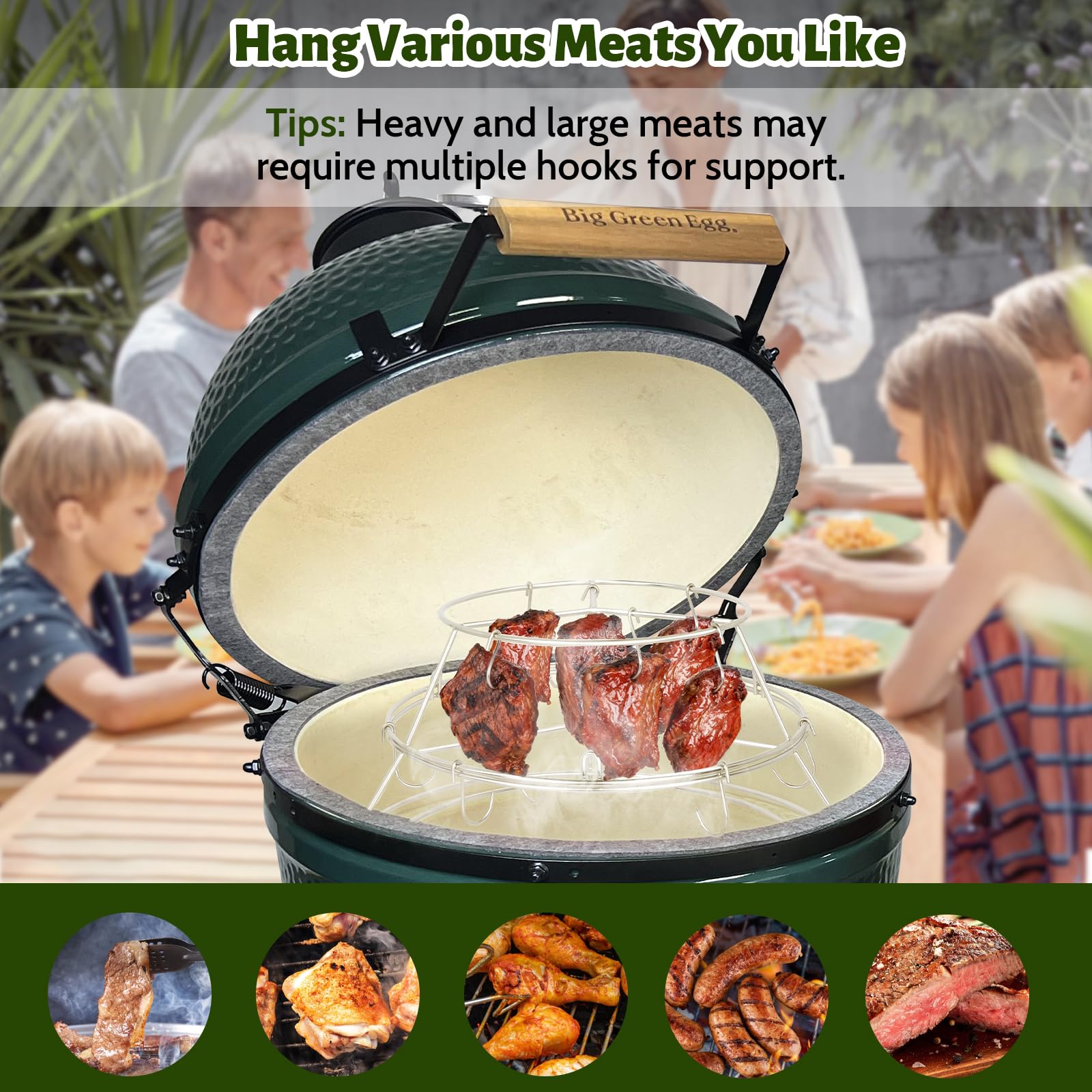 3-Tier Rib Hanger for Big Green Egg Large, for Kamado Joe Classic, 304 Stainless Steel Rib Hanging System with Removable Cooking Hooks Replacement Kit Grill Racks BGE Accessories : Patio