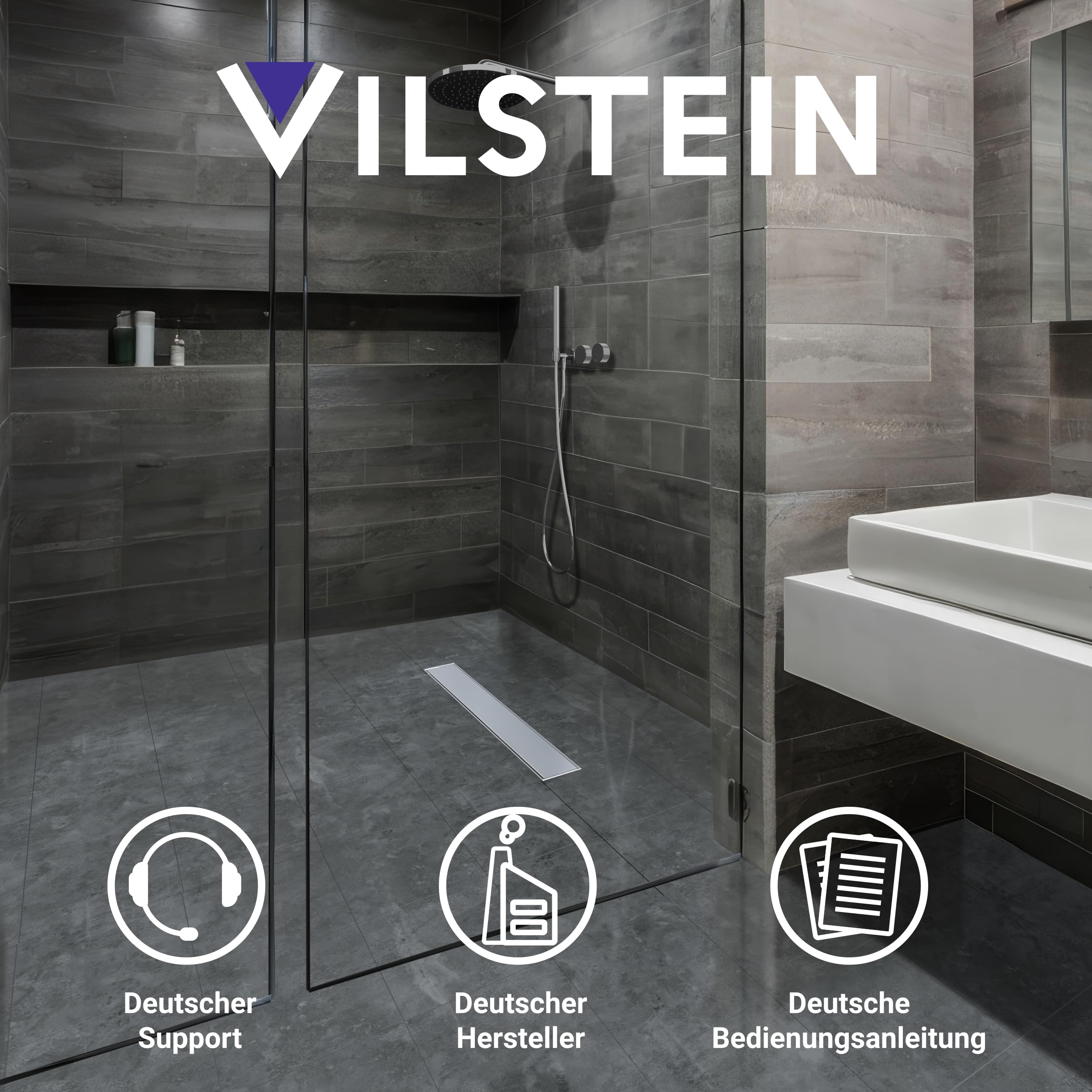 VILSTEIN Duschrinne 60cm Edelstahl, Bodenablauf Komplettset extra flach, Siphon mit Geruchsstop, Haarsieb - Kurze Welle