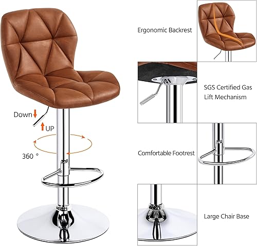 Miniatura 6 de Yaheetech Juego de 4 taburetes de bar ajustables de piel sintética, taburetes de mostrador modernos con respaldo y reposapiés, taburetes de bar de
