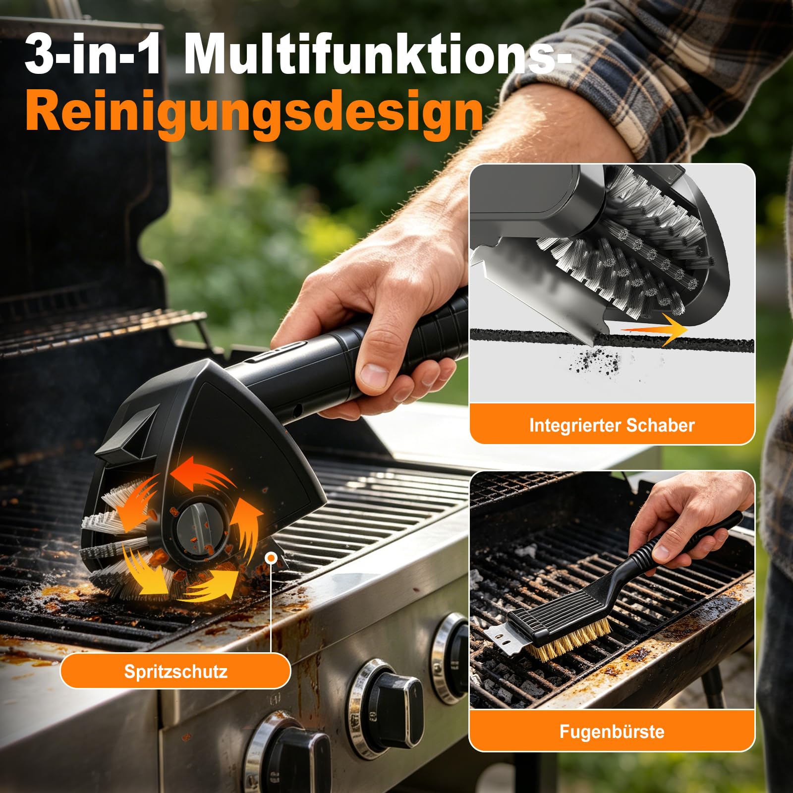 Elektrische Grillbürste Kabellos 4000mAh Akku 304 Edelstahl für Grillrost | Reinigungsbürste mit 2-Stufen Reinigung, 90 Min Laufzeit, LED-Licht, Wasserdicht und BBQ-Grillbürste für Männer