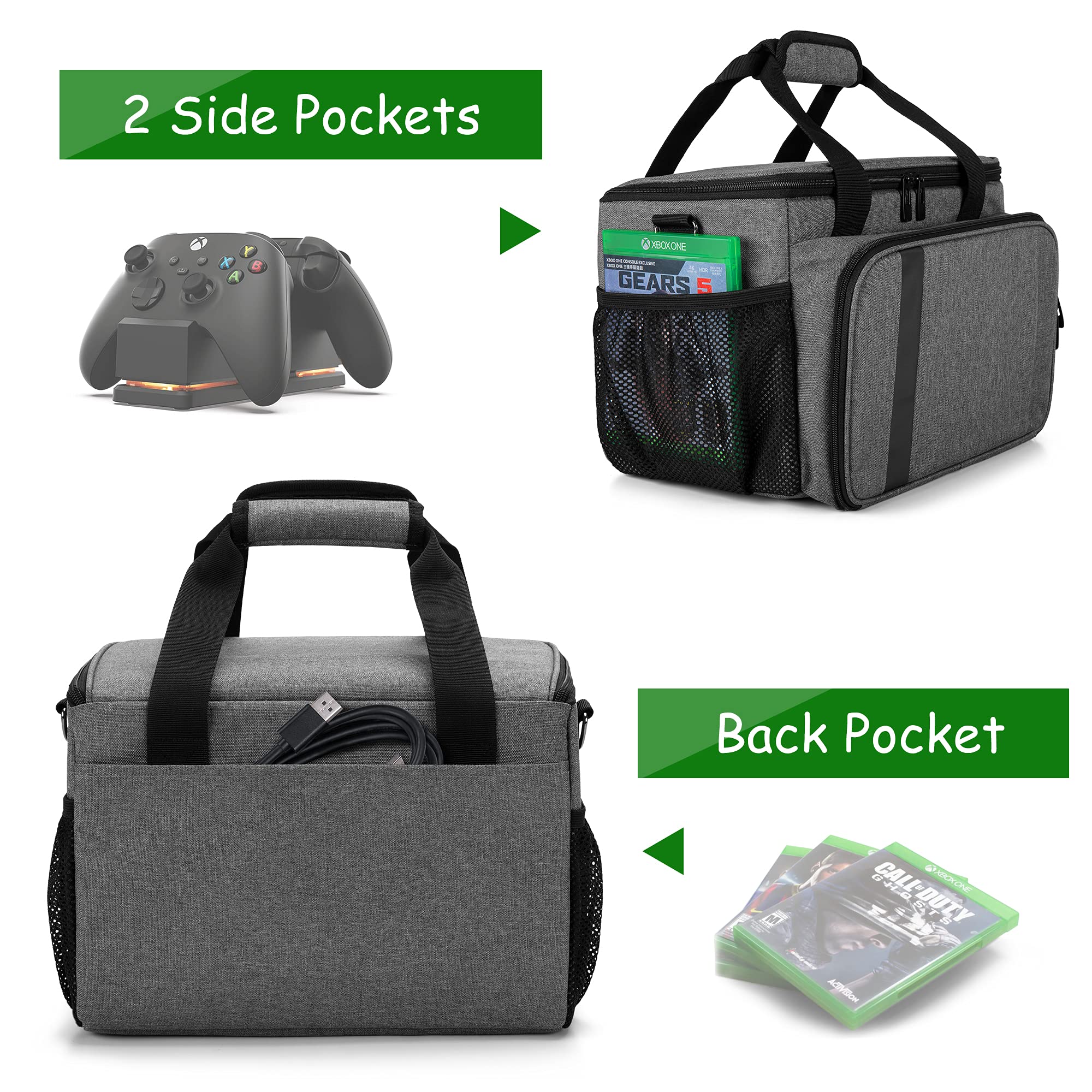 CURMIO Tragetasche für Xbox Series X Spielkonsole und Zubehör, Reisetasche für Controller, Kabel, Headsets, Tragebare Aufbewahrungstasche für Playstation Konsole, (OHNE ZUBEHÖR ENTHALTEN), Grau