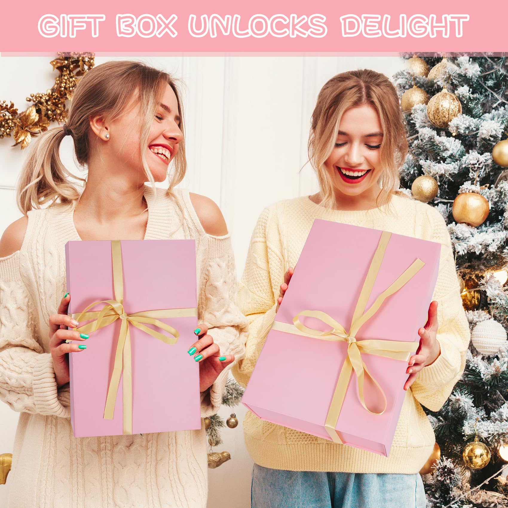 Geschenk-Box, 35,1 x 22,9 x 10,9 cm, Magnetverschluss, Geschenk-Box, Luxus-Geschenkbox mit Band für Jahrestag, Hochzeit, Geburtstag, Abschlussfeier, Festivals (Rosa, 3 Stück)