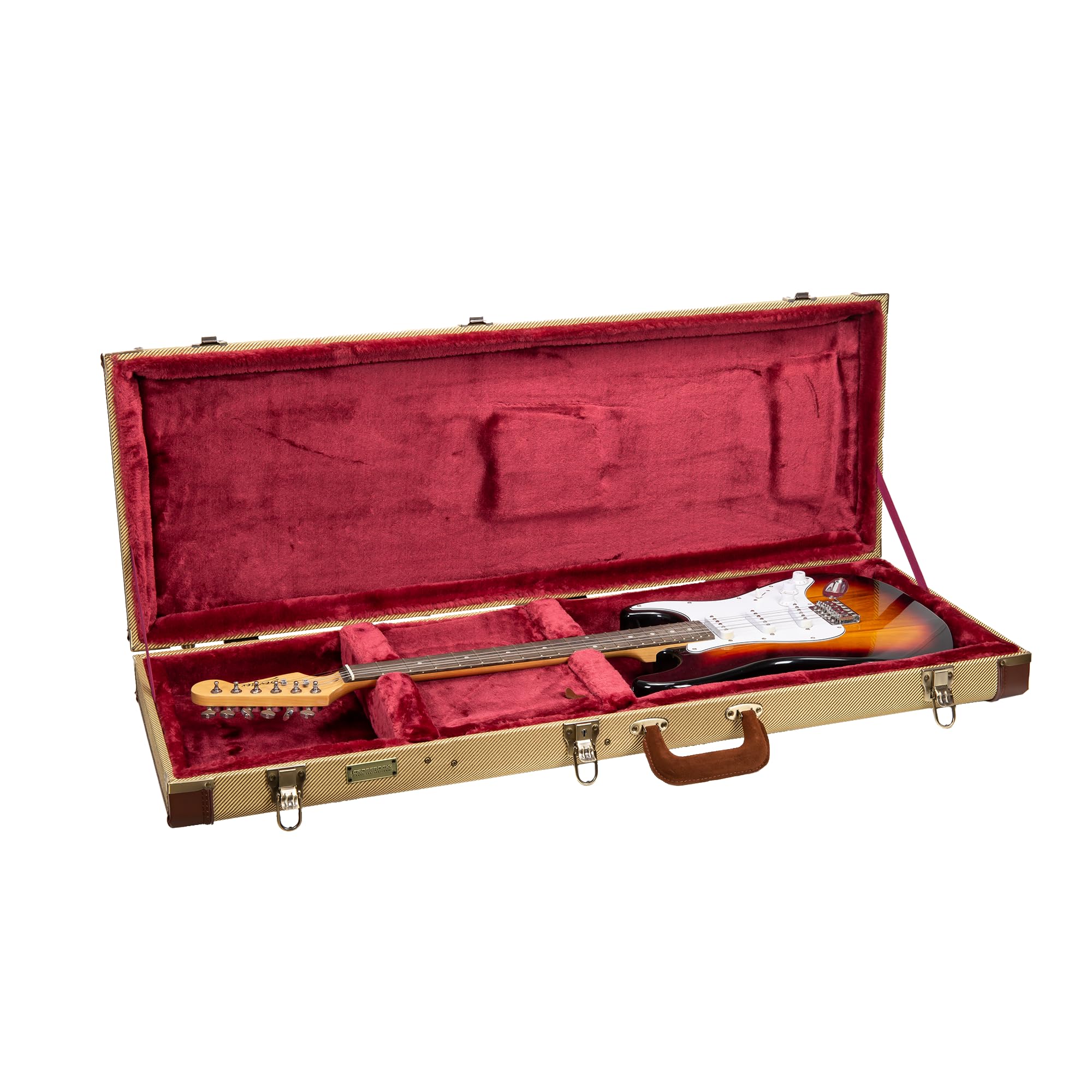 Crossrock Etui na gitarę elektryczną Master Series do Fender Stratocaster i Telecaster, tkanina tweedowa na zewnątrz, przeprojektowana drewniana powłoka, skórzany uchwyt (CRW720EFT)