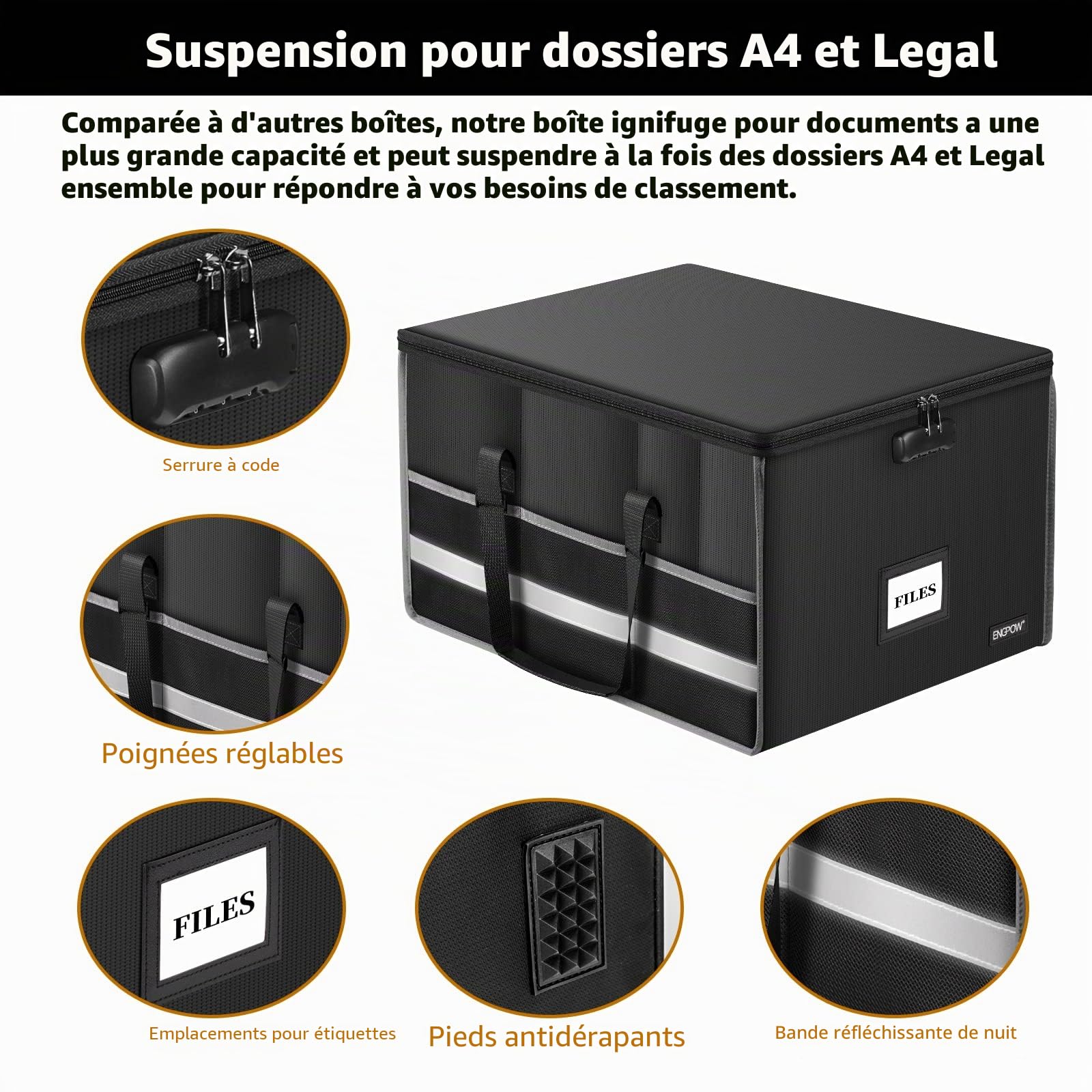 ENGPOW Boîte de classement avec serrure, ignifuge, boîte de rangement avec inserts et poches en maille, pliable et portable pour accrocher des dossiers de lettres et documents juridiques