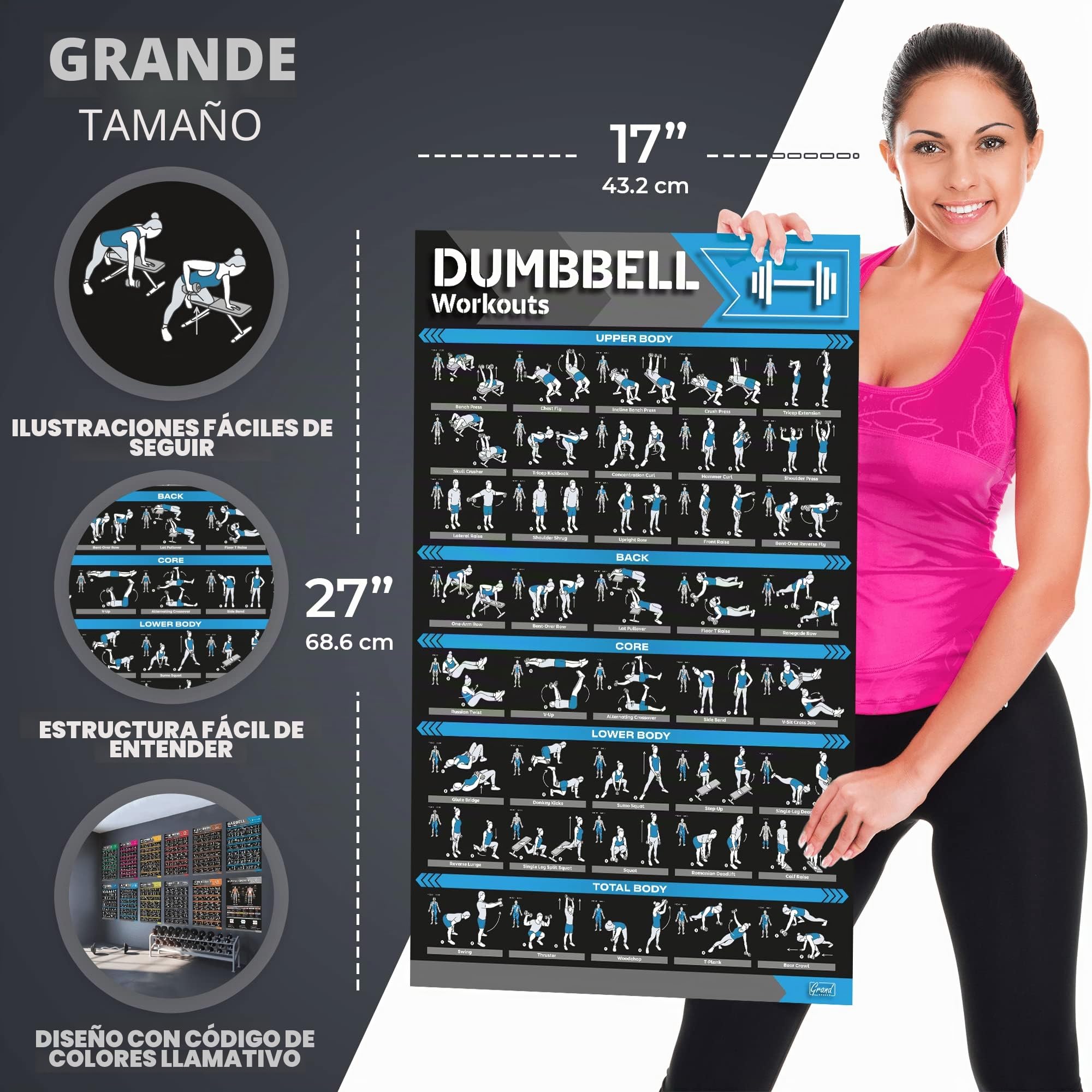 GRAND BASICS Juego de 12 pósteres grandes laminados de entrenamiento, pósteres perfectos para el gimnasio en casa, tablas de ejercicios, incluye mancuernas, posturas de yoga, pesas rusas,