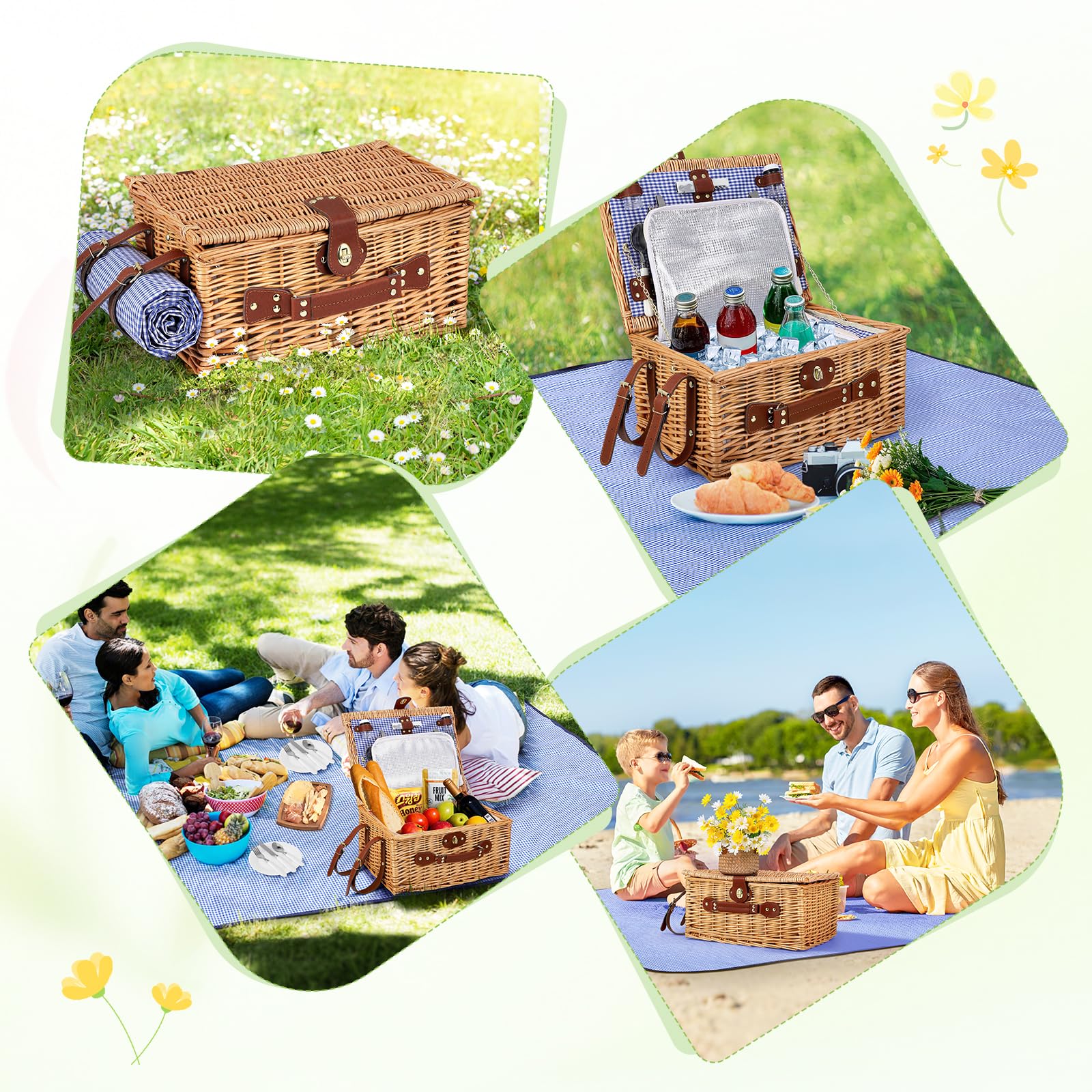 Cesta de Picnic Mimbre para 4 Personas, Cesta Trenzada a Mano con Aislamiento Integrado y Manta Impermeable – Set Completo con 4 Cubiertos, Platos, Vasos para Camping Playa jardín