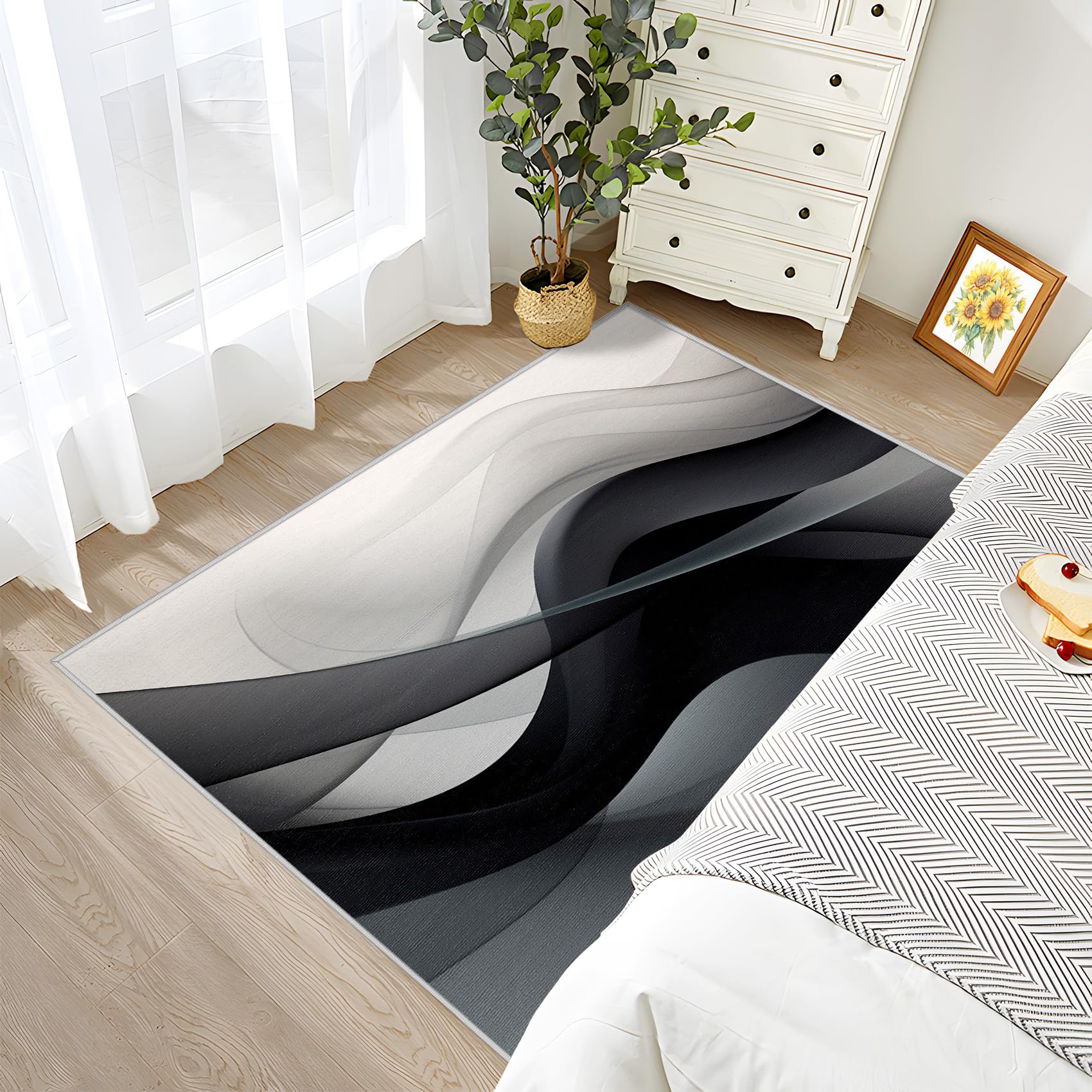 Wellen Deko, Moderne Wellen Gestreift Teppich 120x160 Kurzflor, Teppich Wohnzimmer Schwarz Weiß, Weich rutschfest Waschbare Teppiche, Bettvorleger Schlafzimmer Kinderzimmer