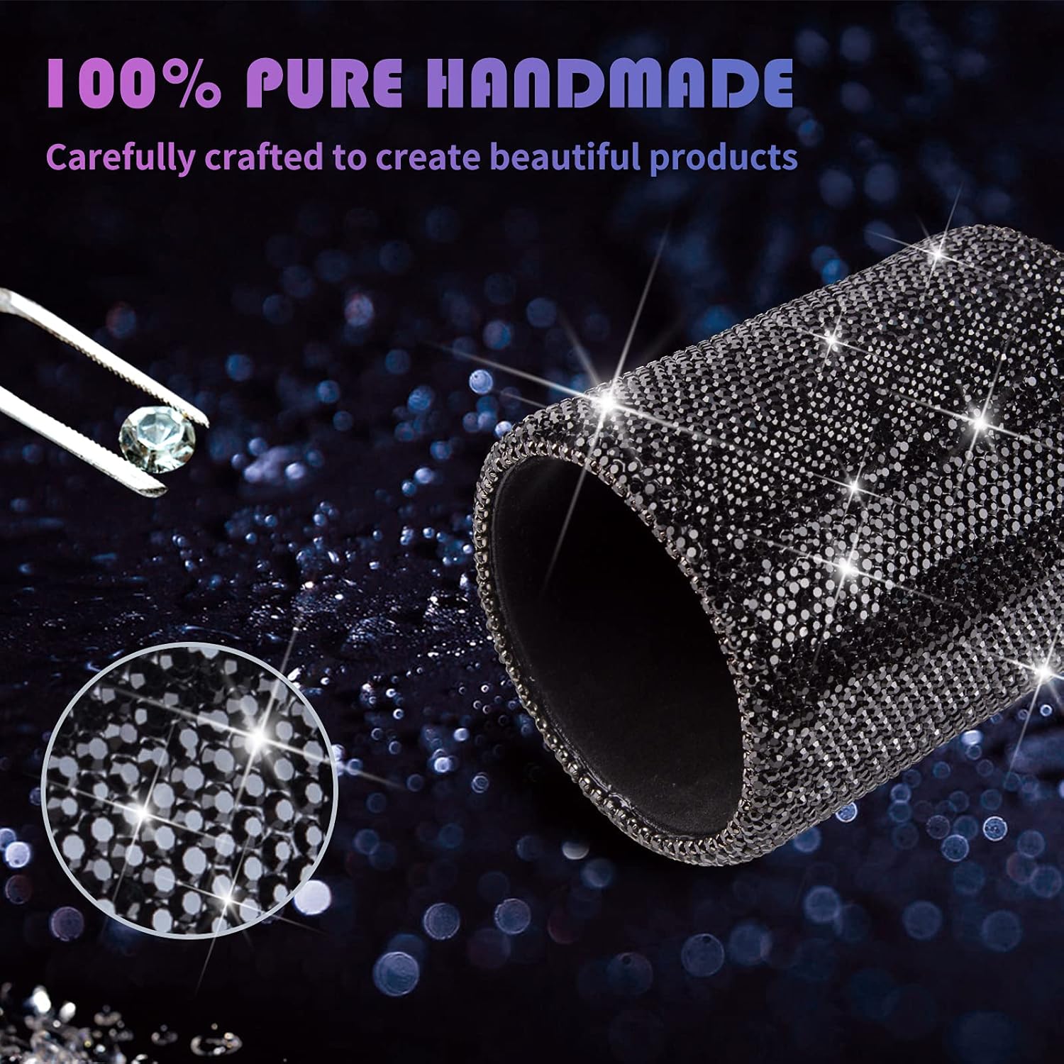 KEYPOWER Crystal Pencil Pen Pot Holder Box Bling Rhinestone Pen Organizer Holder Cosmetic Pen Container Comb Brushes Personalized (Round) (Black)