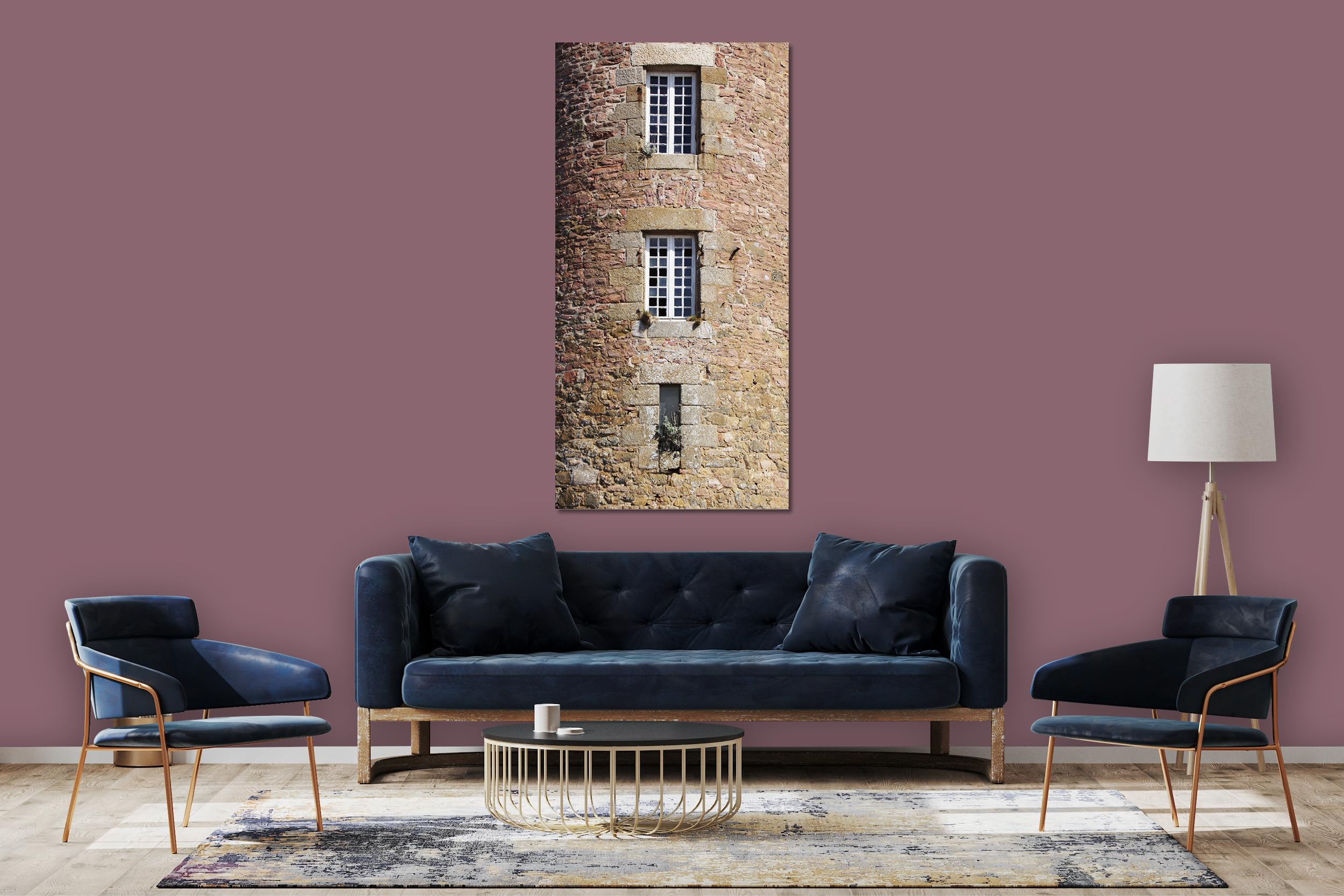Glücksvilla - Turm mit Fenstern (Leinwand-Bild 2 cm, 50 x 100 cm) | div. Maße - aus DE - Kunstdruck Deko Wandbild quer - Frankreich Roscoff Stein-Optik Steinwand Dorf Stadt Meer