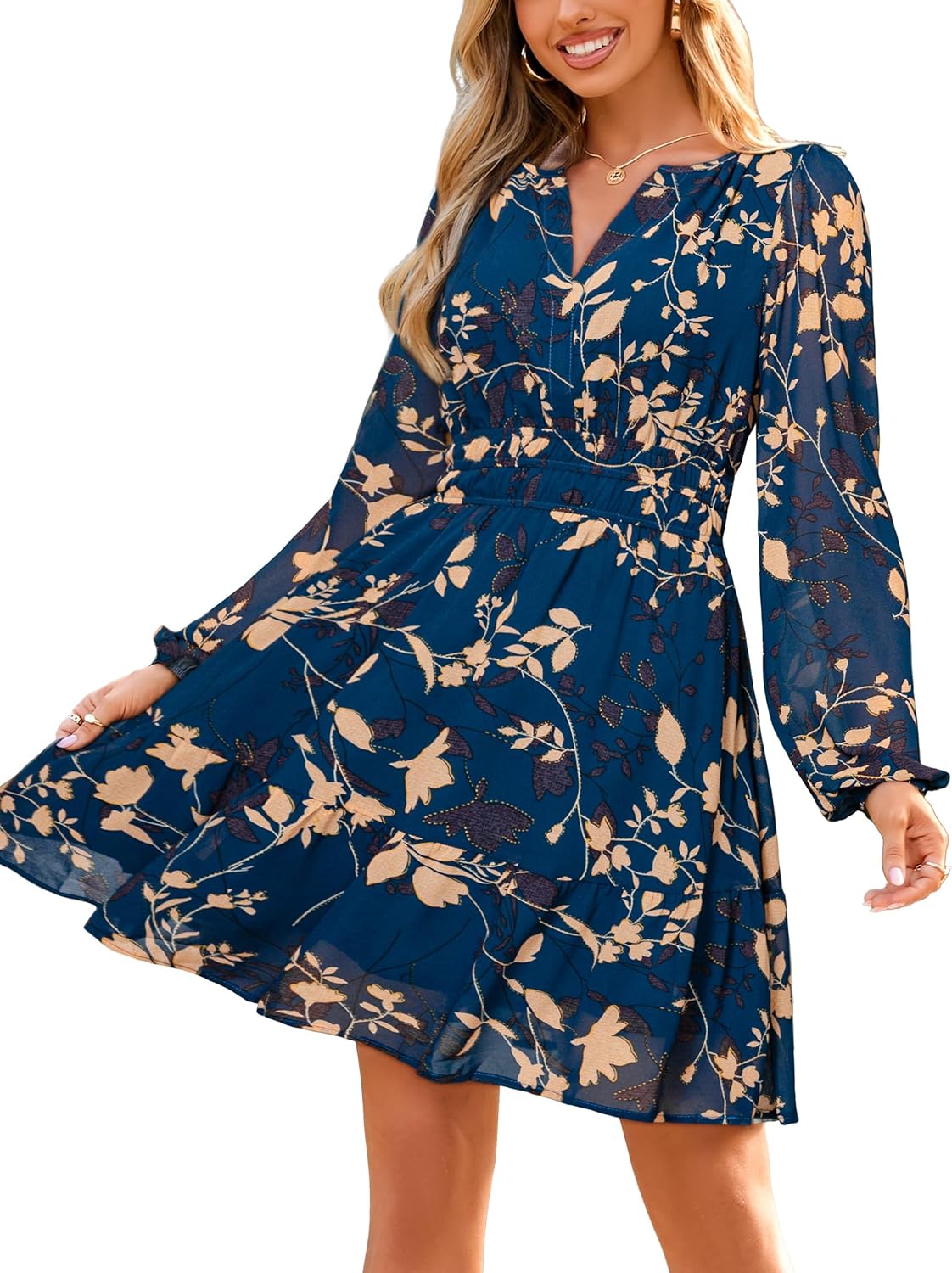 Simplee Womens Spring Floral Mini Dress Long Sleeve Boho Chiffon Short Dress Casual Flowy Fall Wedding Guest Dresses