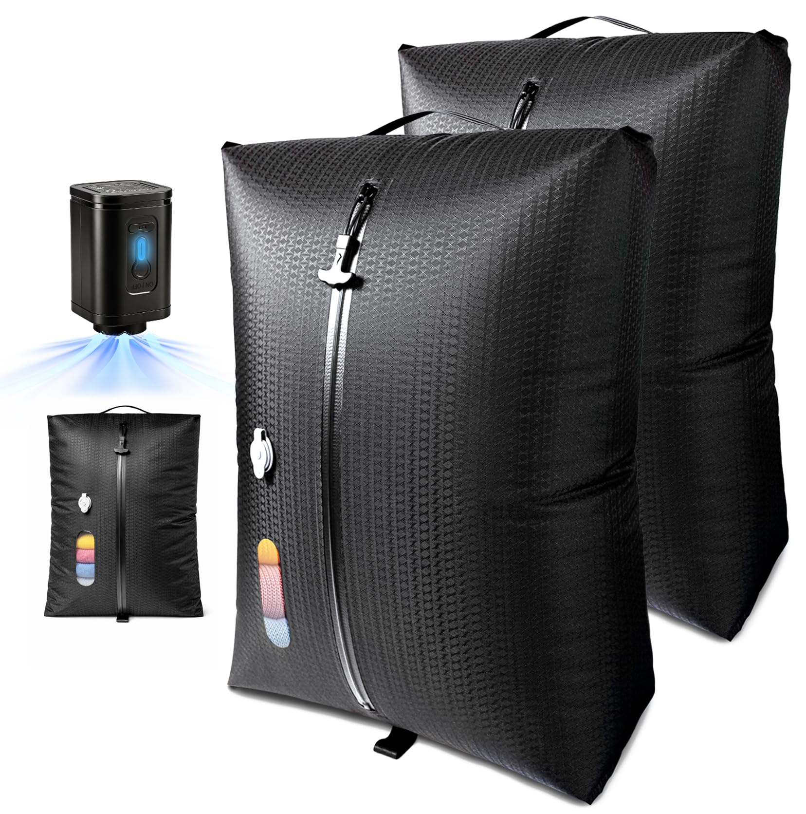 Vakuumbeutel für Kleidung Reise, Reise Vakuumbeutel mit Pumpe Kabelloser, 20 Zoll Handgepäck Vakuumbeutel, Vacuum Bags for Clothing Travel Mit Sichtfenster, Doppellagiges Gewebe,IP67 (2 Stück+ Pumpe)