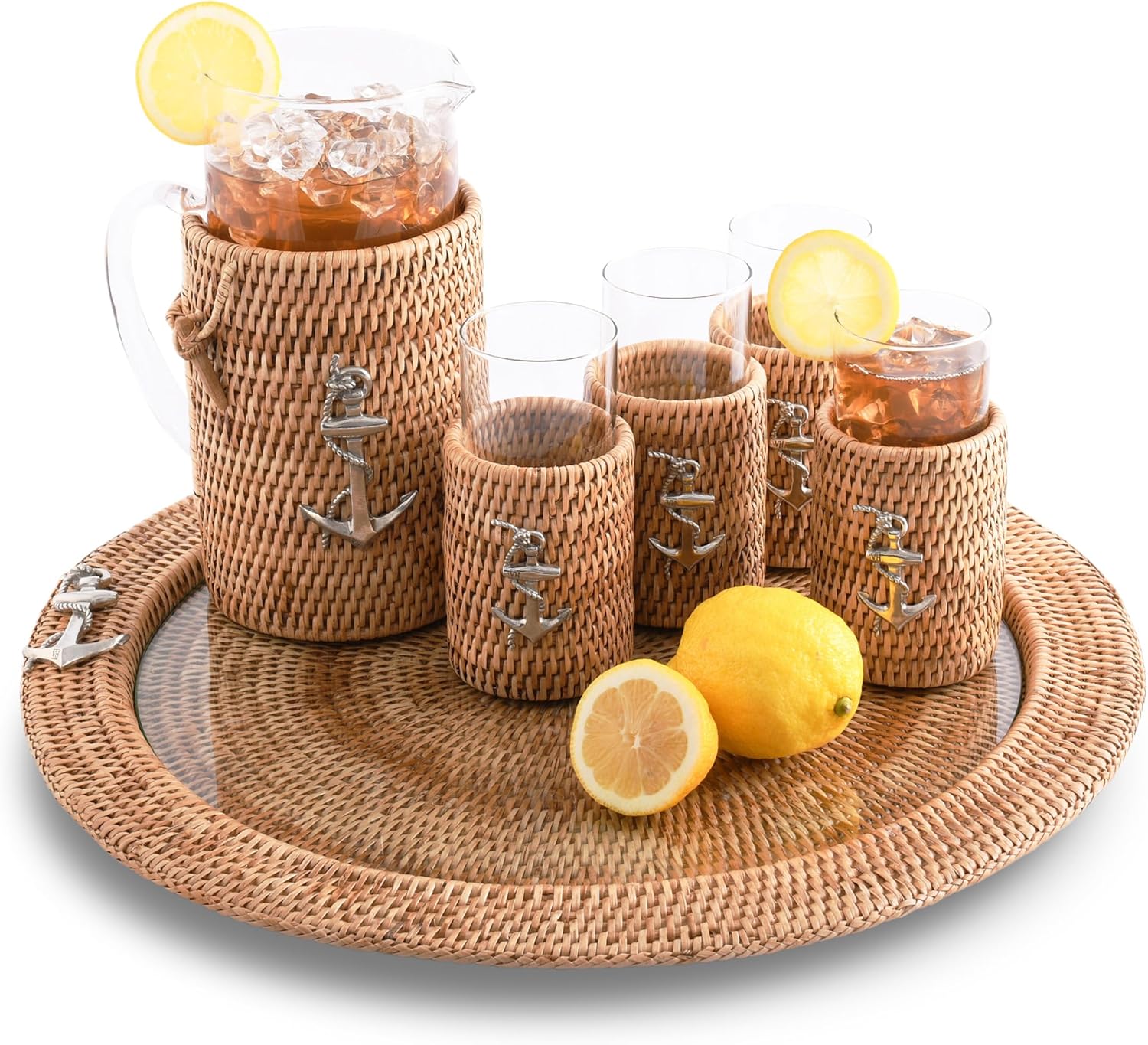 Vagabond House Round Basket Tray - Hand Woven Wicker Rattan Tray Round Trays with Glass Insert, Pewter Anchor, Lightweight, Natural, Food Safe Rattan Tray Round for Beach Home 19 Inches