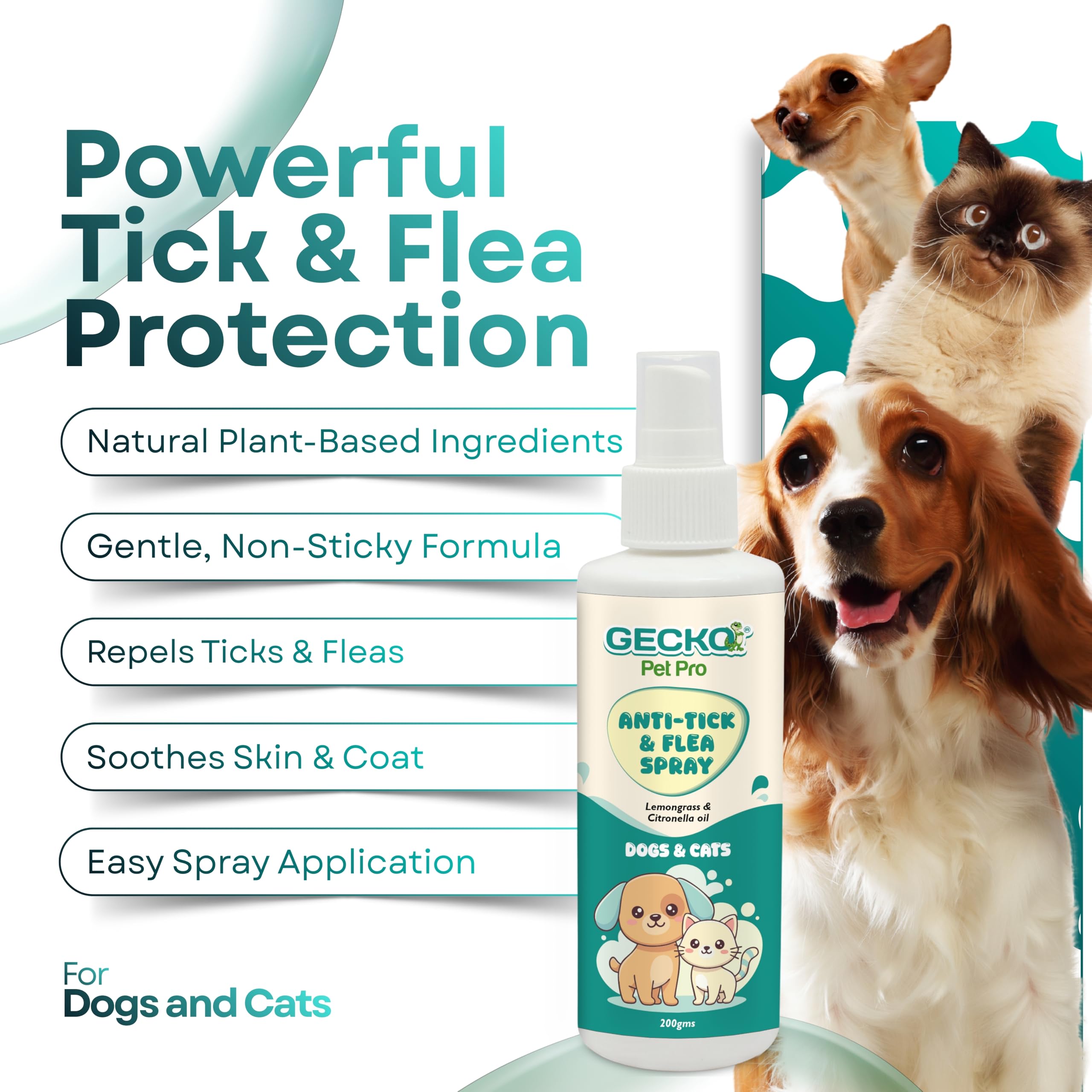 Gecko Pet Pro Anti Tick & Flea Care Spray for Dogs & Cats | 2× Concentrated External Parasite Care | Coat Hygiene & Grooming Support | Lemongrass & Citronella Oil | 200 ml (Pack of 1) 1
