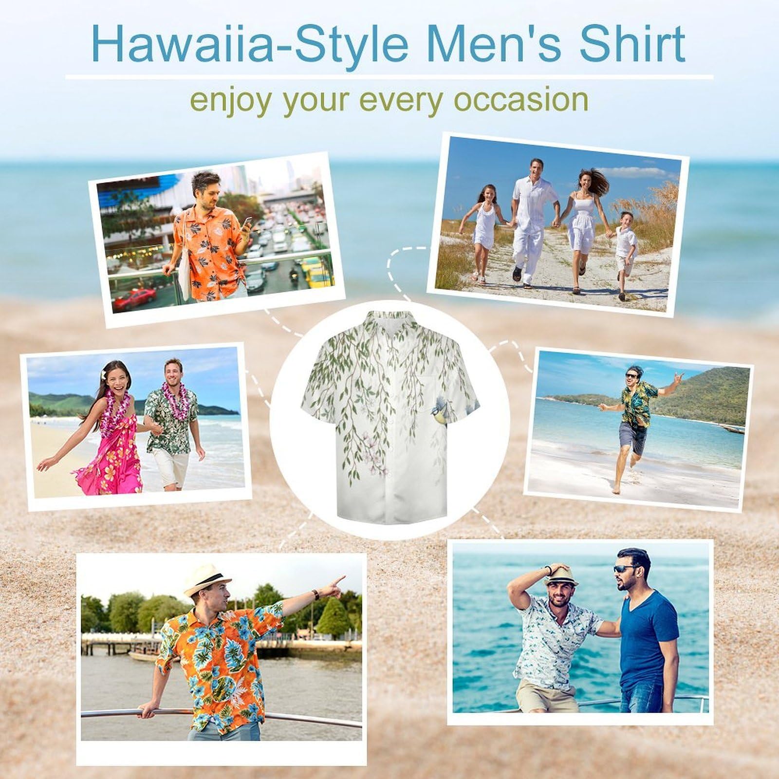 Funky Camicia Hawaiana Uomo, Manica Corta Design Aloha Camicie con Bottoni, Estiva Camicie a Uccelli su Rami di Salice Casual Stampa Spiaggia Estate Disegnato A Mano Camicia