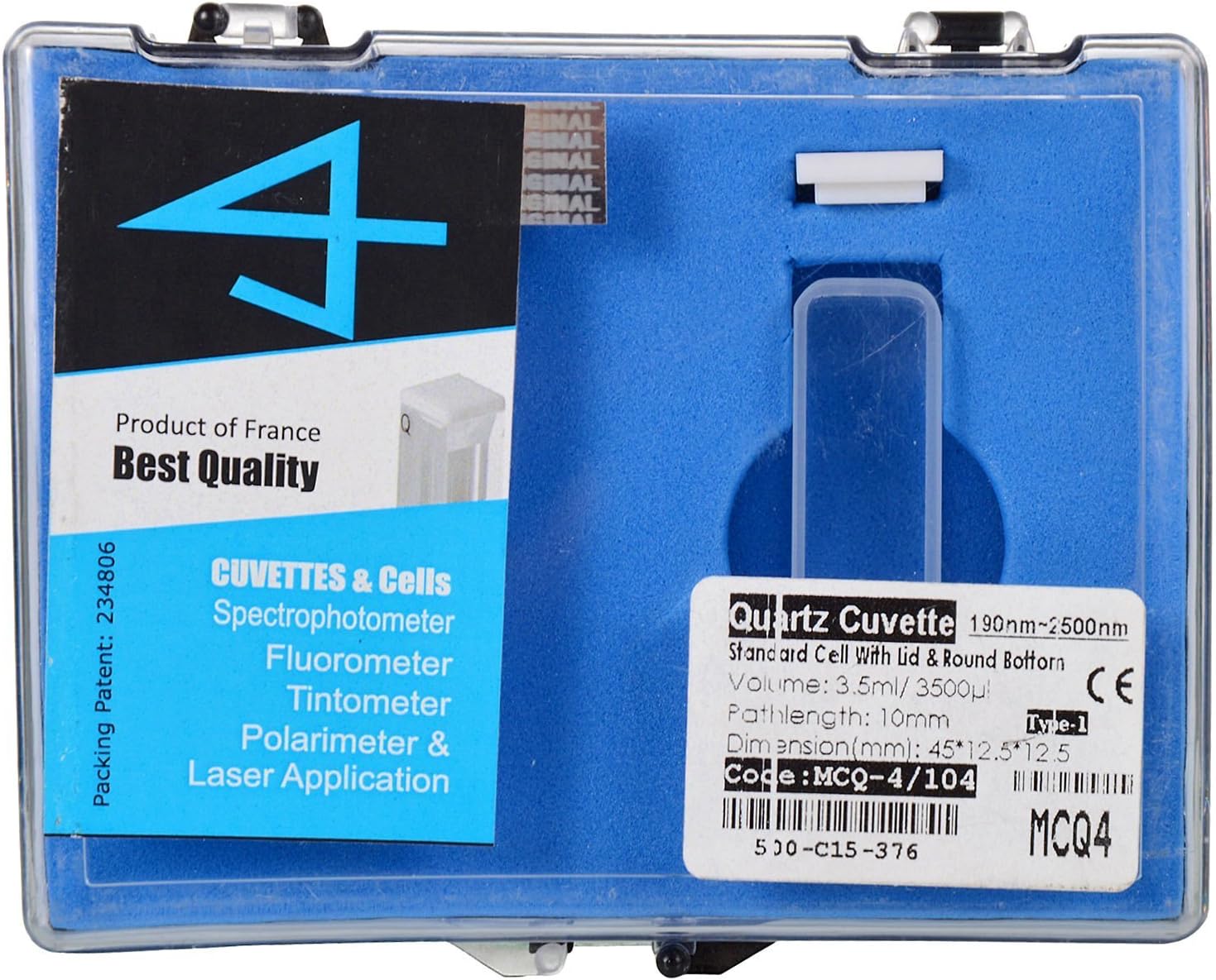 UV Quartz Cuvette For Spectrophotometer, Pathlength 10mm, Volume 3.5ml