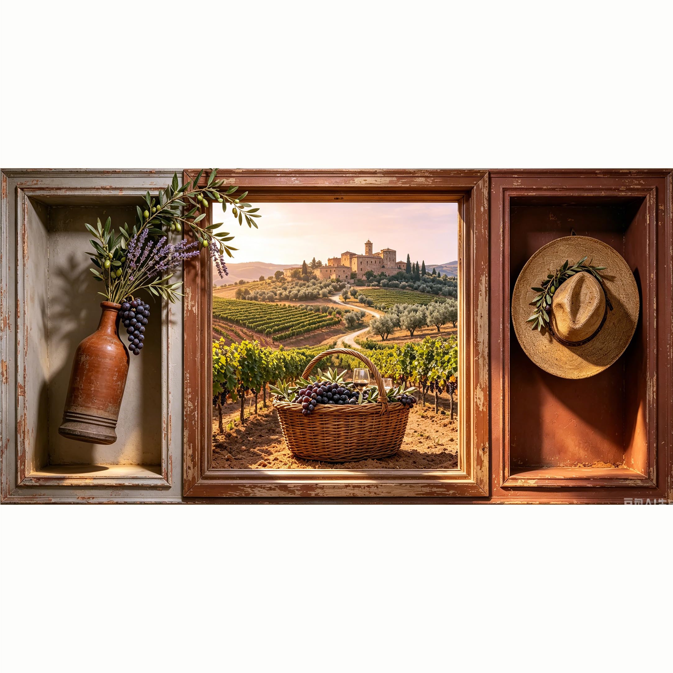 QZLITHOTIC 50x100cm 3D Framed Wall Art， Tuscany Vineyard Landscape Olive Harvest Picnic Basket Self‑Adhesive Mural， Water‑Activated Peel & Stick Fabric Decor Wall Decal for Bedroom Living Room
