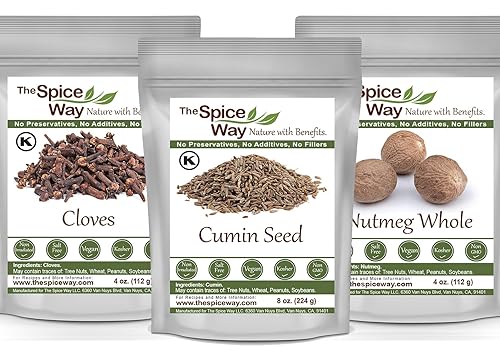 The Spice Way Comino entero 8 oz, nuez moscada entera 4 oz, clavo entero 4 oz