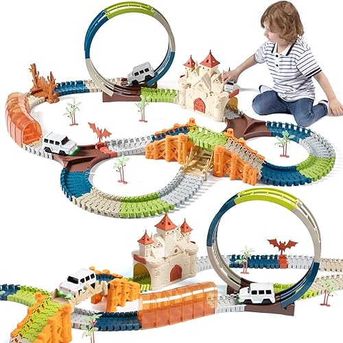 TUMAMA - Pista de carreras de 202 piezas de juguetes de castillo mágico para niños y niñas de 3, 4, 5, 6, 7 años, pista de tren flexible giratoria