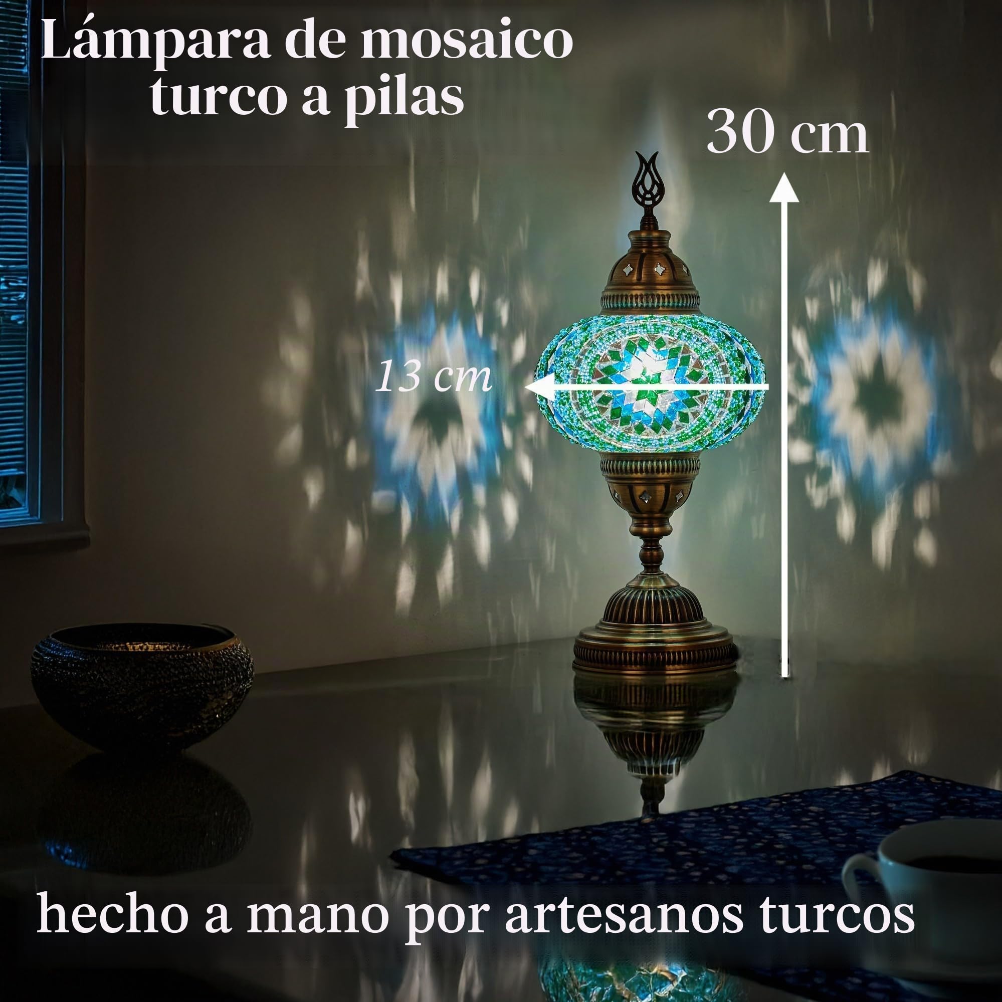 DEMMEX Lámpara de mesa de mosaico a pilas con bombilla LED integrada, mosaico turco marroquí, mesa de escritorio, mesita de noche, lámpara de noche con bombilla LED, sin cable (fuego espacial)