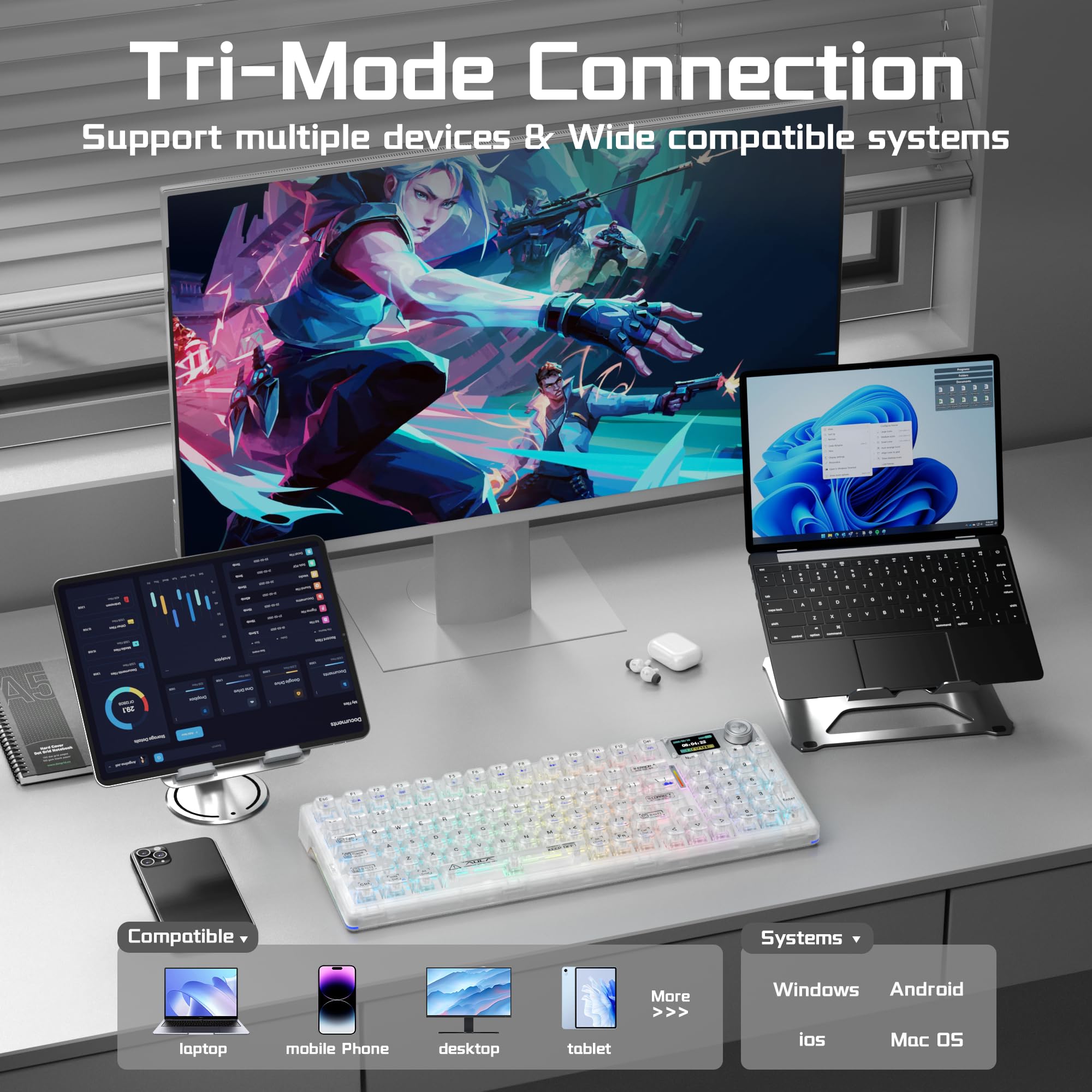 AULA F98Pro V3 Kabellose Gaming Tastatur mit Display & Knopf | BT/USB-C/2,4GHz,Gasket,Hot-Swap,10000mAh,Transparente Keycaps,RGB,Makro Software,Wireless Mechanische Tastatur für Tablet/PC