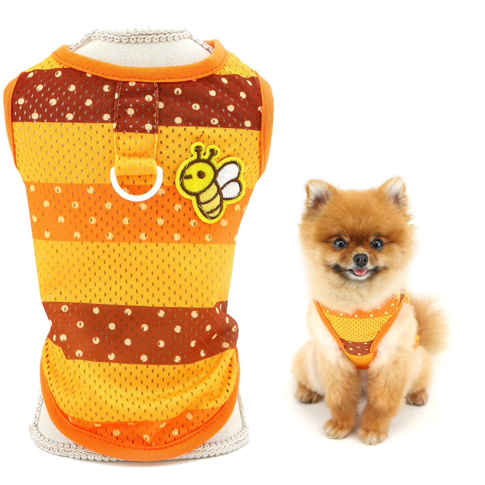 SMALLLEE_LUCKY_STORE Cool Mesh Dog T-shirt for Small Dogs Striped Pet Tank Top with D-ring and Bumble Bee Puppy Vest Shirt Lightweight Breathable Chihuahua Yorkie Cat Apparel, Orange, XS