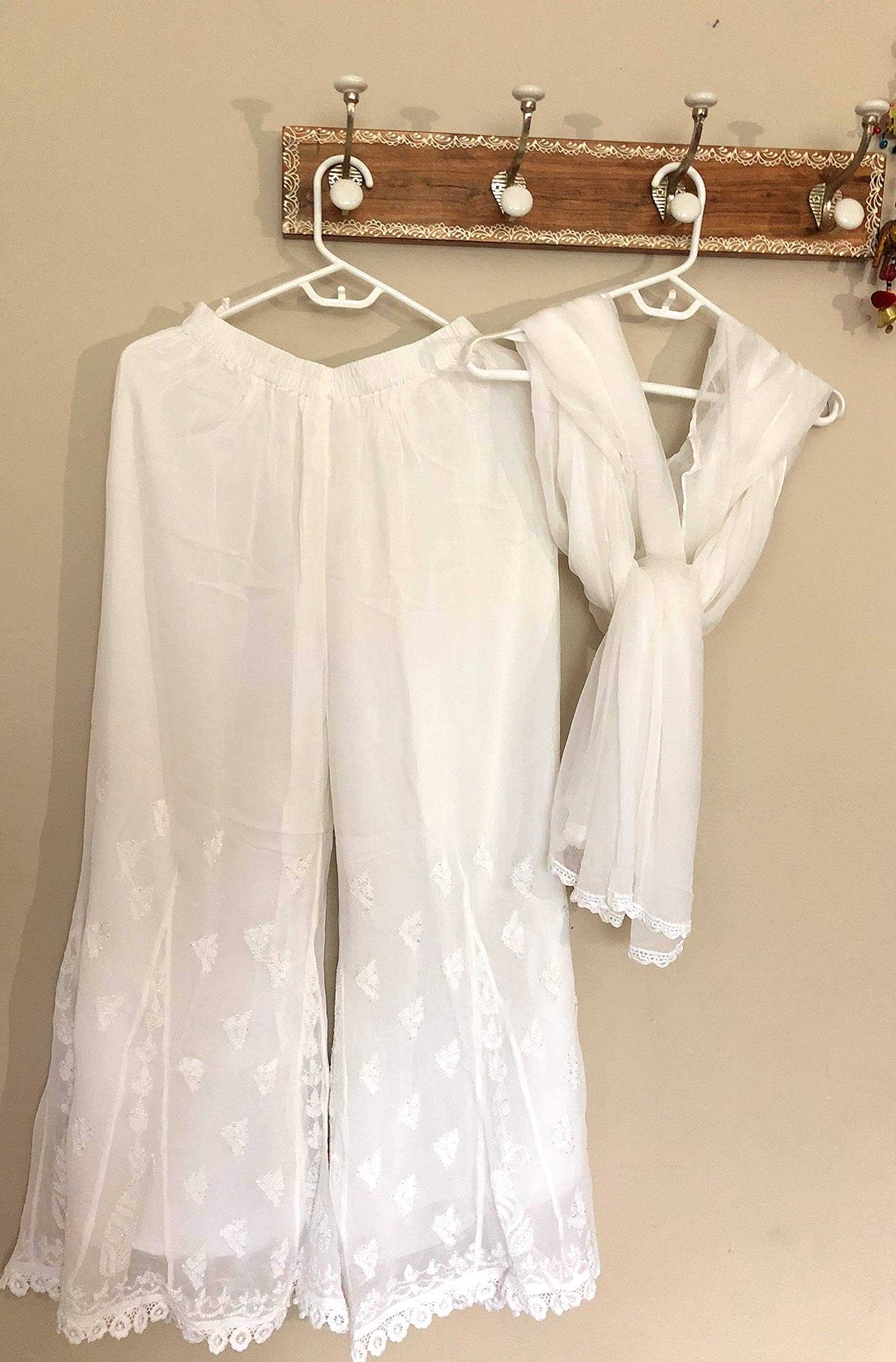 Lucknow Chikankari Palazzo and pure chiffon Dupatta with lace/Georgette Palazzo and Chiffon Dupatta/White