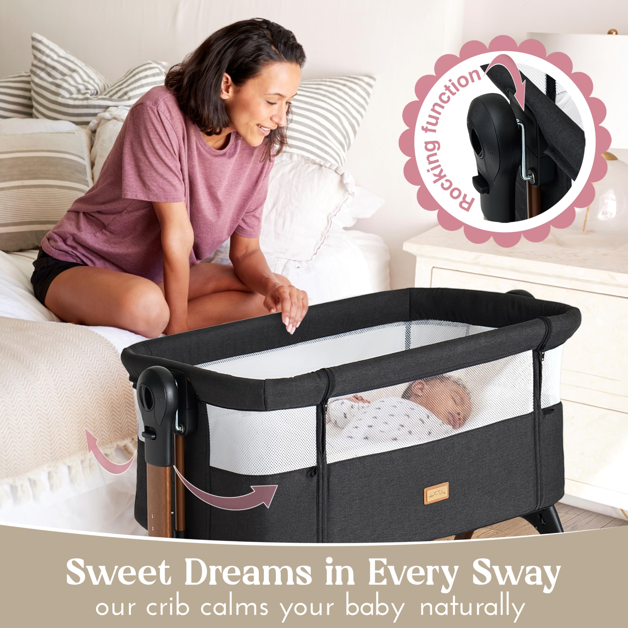 LullaBee Łóżko dostawne i Baby Co-Sleeper – 6 poziomów wysokości, funkcja huśtawki, rolki, pikowany materac, boki z siatki z moskitierą, składane łóżko z torbą do przenoszenia (0-6 miesięcy) – czarny