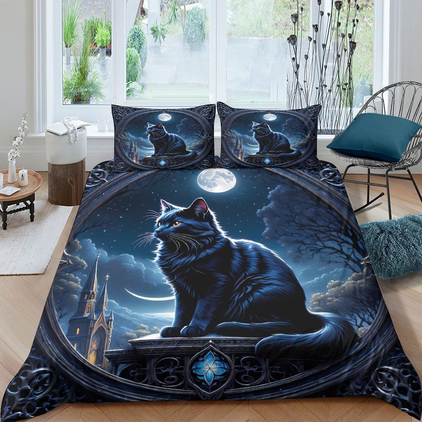 Ctjqhvkz Style-6 3D Printed Moonlit Cat Fitted Sheet Microfiber Soft Breathable Gothic Castle Bed Cover For Bedroom Dorm Decor Single（135X200cm）