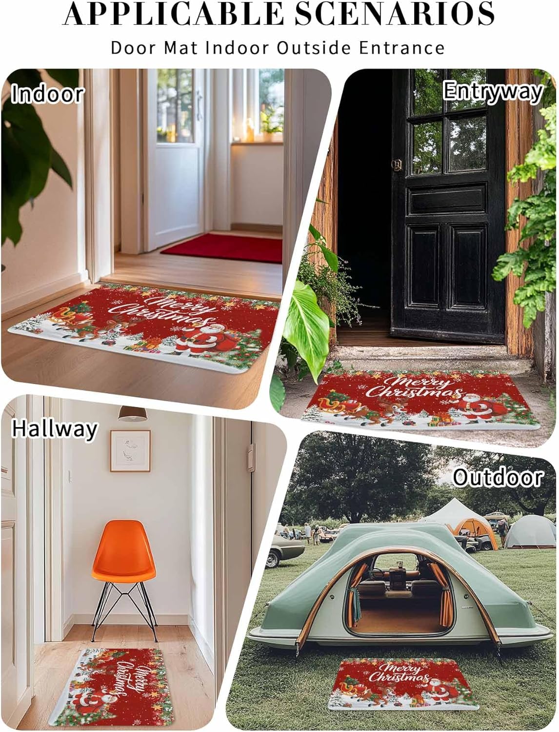 Red Christmas Santa Front Door Mat Entrance Welcome Floor Mats Indoor Outdoor, Xmas Elk Tree Heavy Duty Absorbent Doormat, Snowflake Botanical Non-Slip Rugs for High Traffic Areas 16"x24"