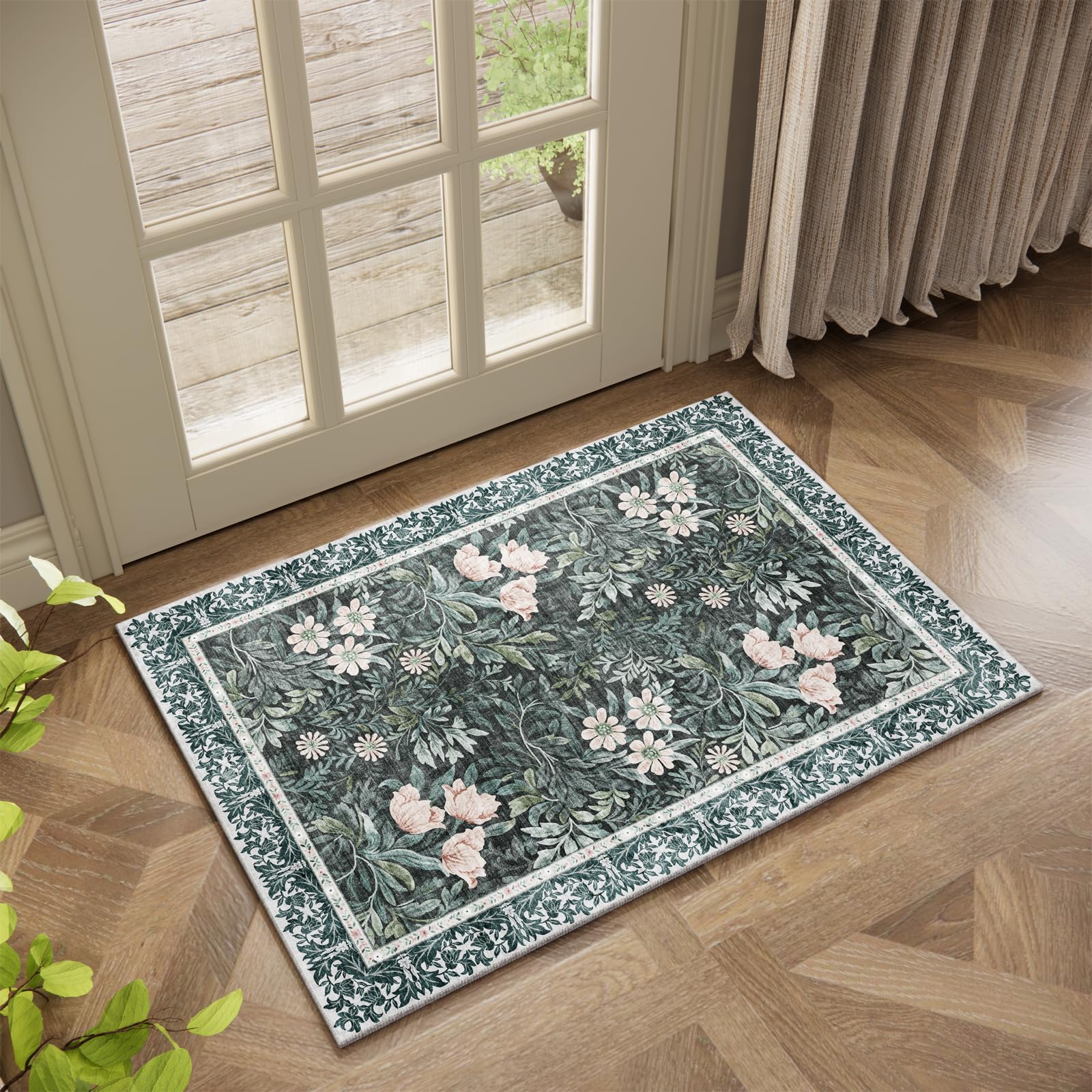 Washable Entry Vintage Floral with Ornate Border Rug 2x3 - Front Door Rugs Indoor, Non-Slip Bathroom Small Rugs, Vintage Floral Style Rug for Kitchen, Perfect for Entryway Décor