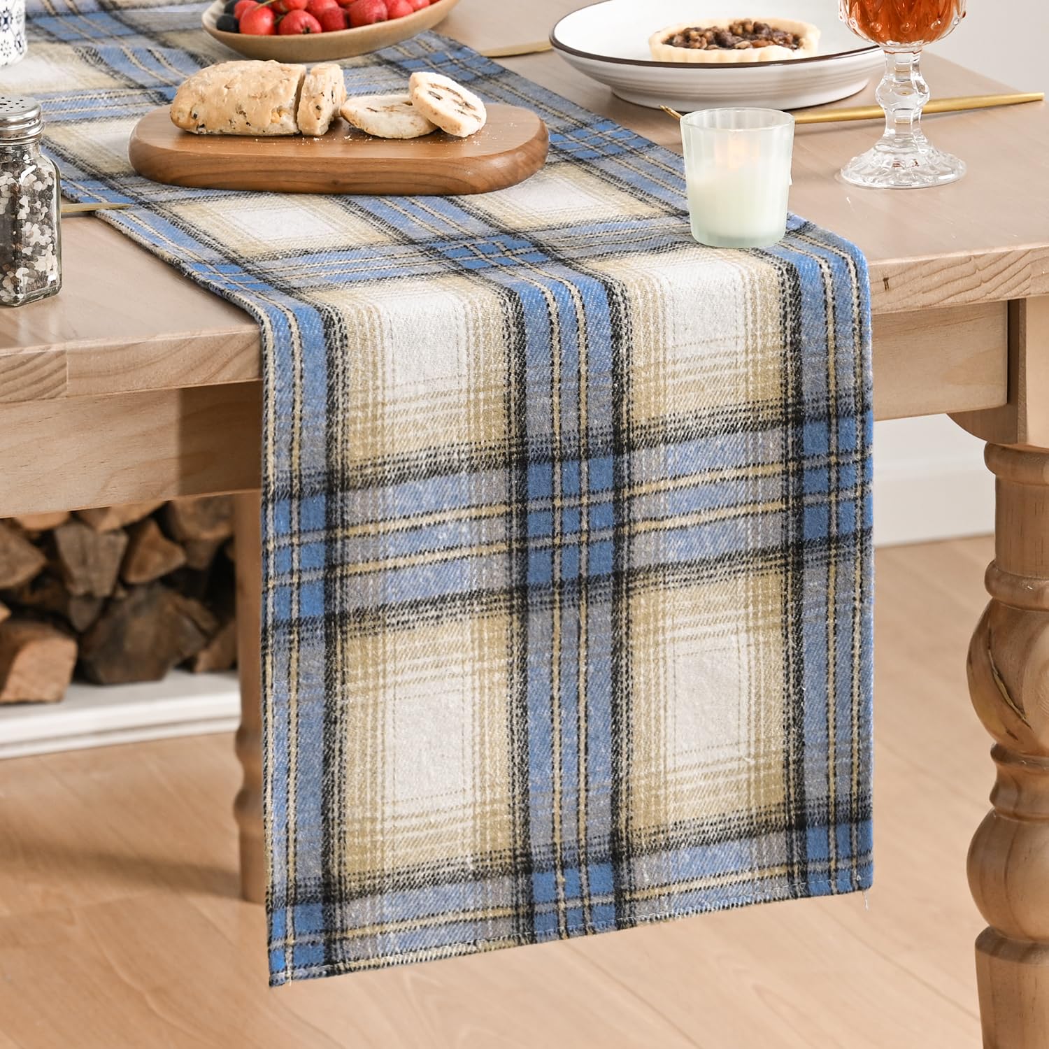 Artoid Mode Blue Light Coffe Farmhouse Rustic Tartan Table Runner 40x140 cm, Plaid Seasonal Kitchen Dining Table Decoration for Home Party Holiday Decor