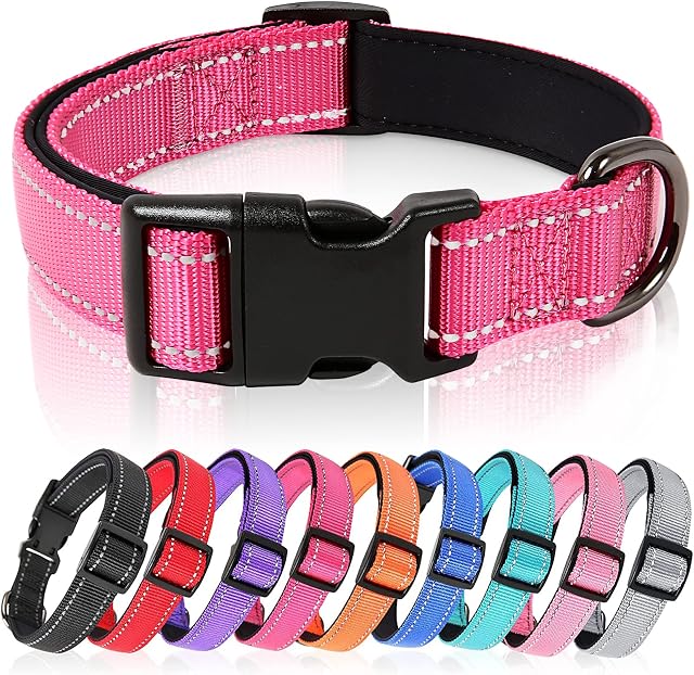 HEELE Dog Collar, Dog Collar Padded Reflective Adjustable Dogs Collars Soft Nylon Neoprene Lightweight for Small Dogs, Rose, S