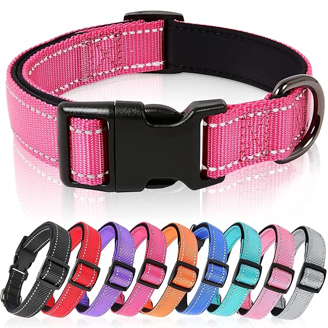 HEELE Collar Perro, Collar Nylon Reflectante Neopreno Forrado Ajustable para Perro Mediano, Rosado, M