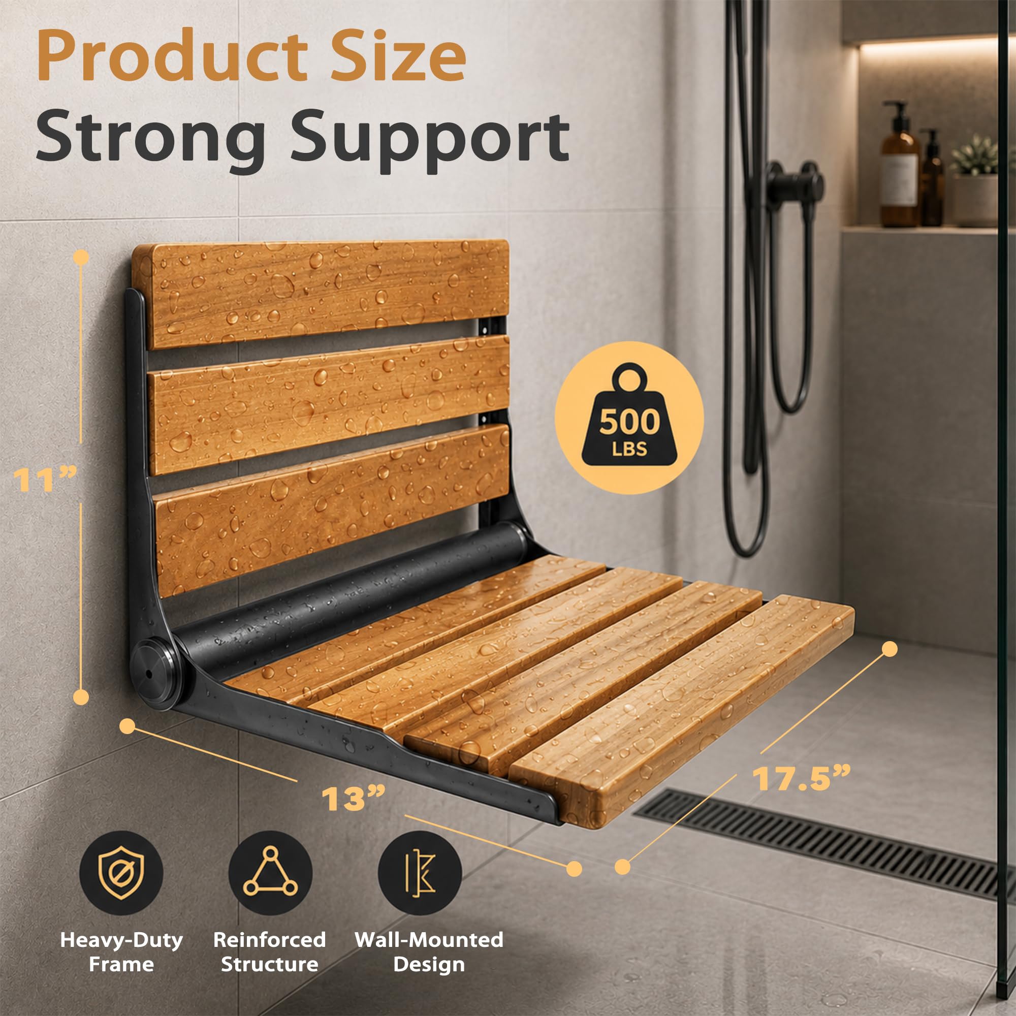 Bathla - Asiento de Ducha Plegable de Teca, Muebles de Seguridad de Acero Inoxidable, Asientos de Ducha para Ancianos, Asiento de Ducha Plegable, Color Negro