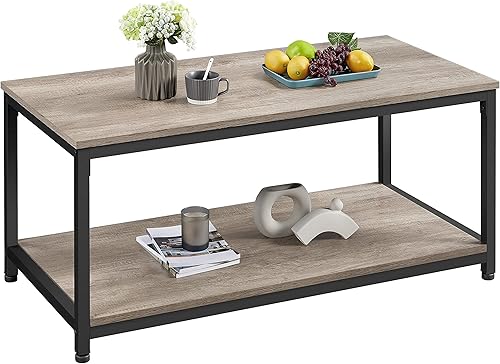 Yaheetech Mesa auxiliar de 2 niveles de 39.5 pulgadas con estante de almacenamiento, mesa de centro gris industrial, fácil montaje, mesas centrales