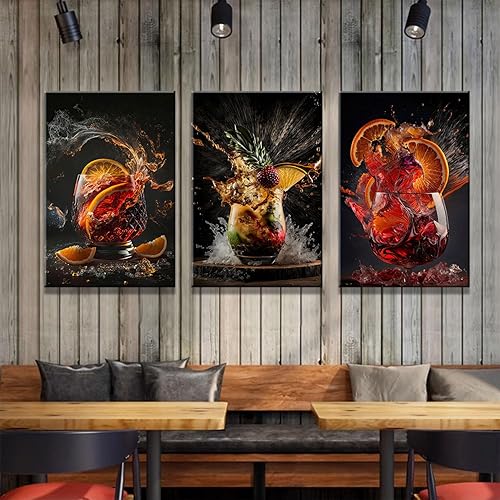 Miniatura 6 de Lienzo enmarcado de 3 piezas para pared, lienzo envuelto para cóctel, bebidas, impresiones artísticas de alta definición, arte moderno de bebidas