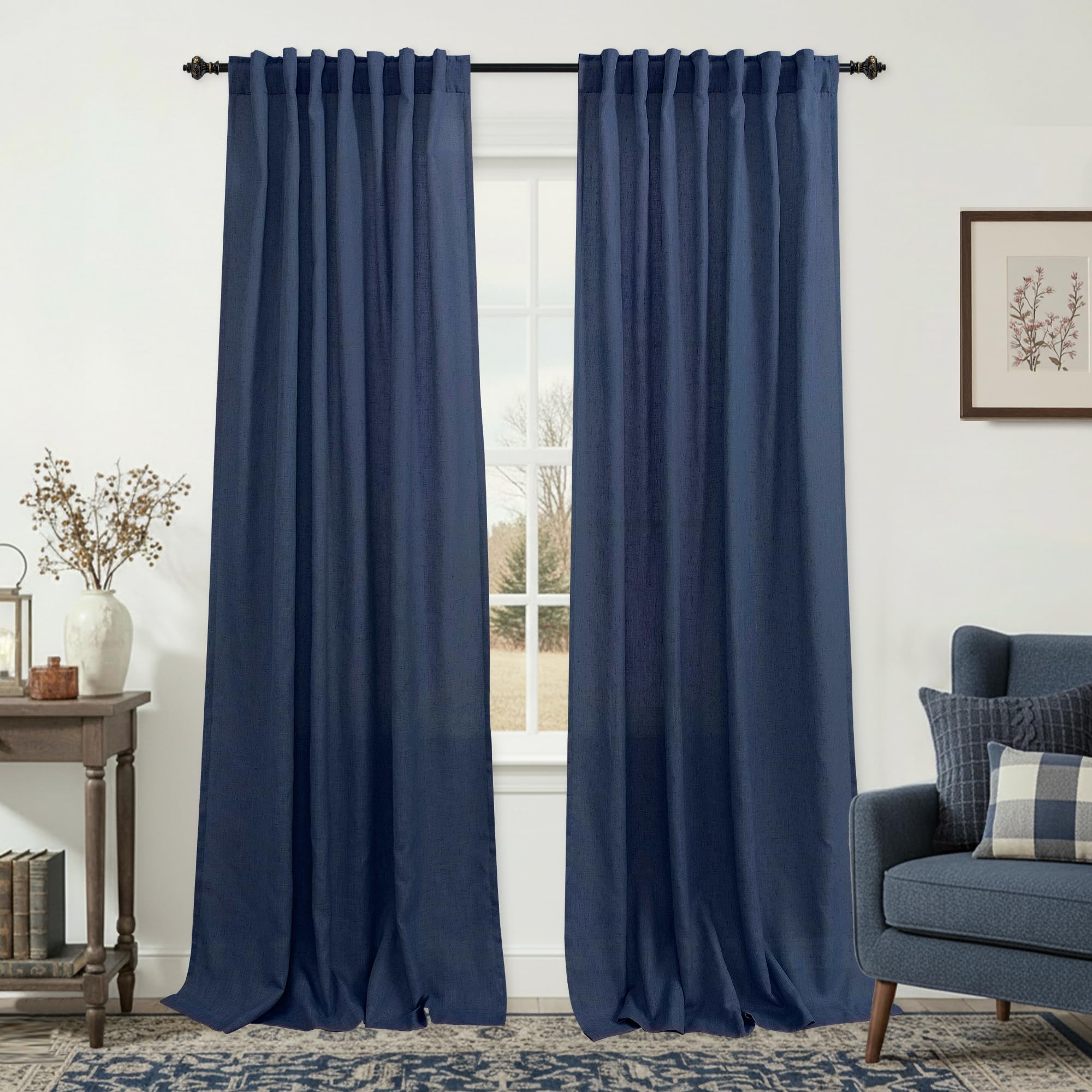 Photo 1 of KOUFALL Navy Blue Linen Curtains 84 Inch Length, Dark Blue Sheer Curtains for Living Room Bedroom, Midnight