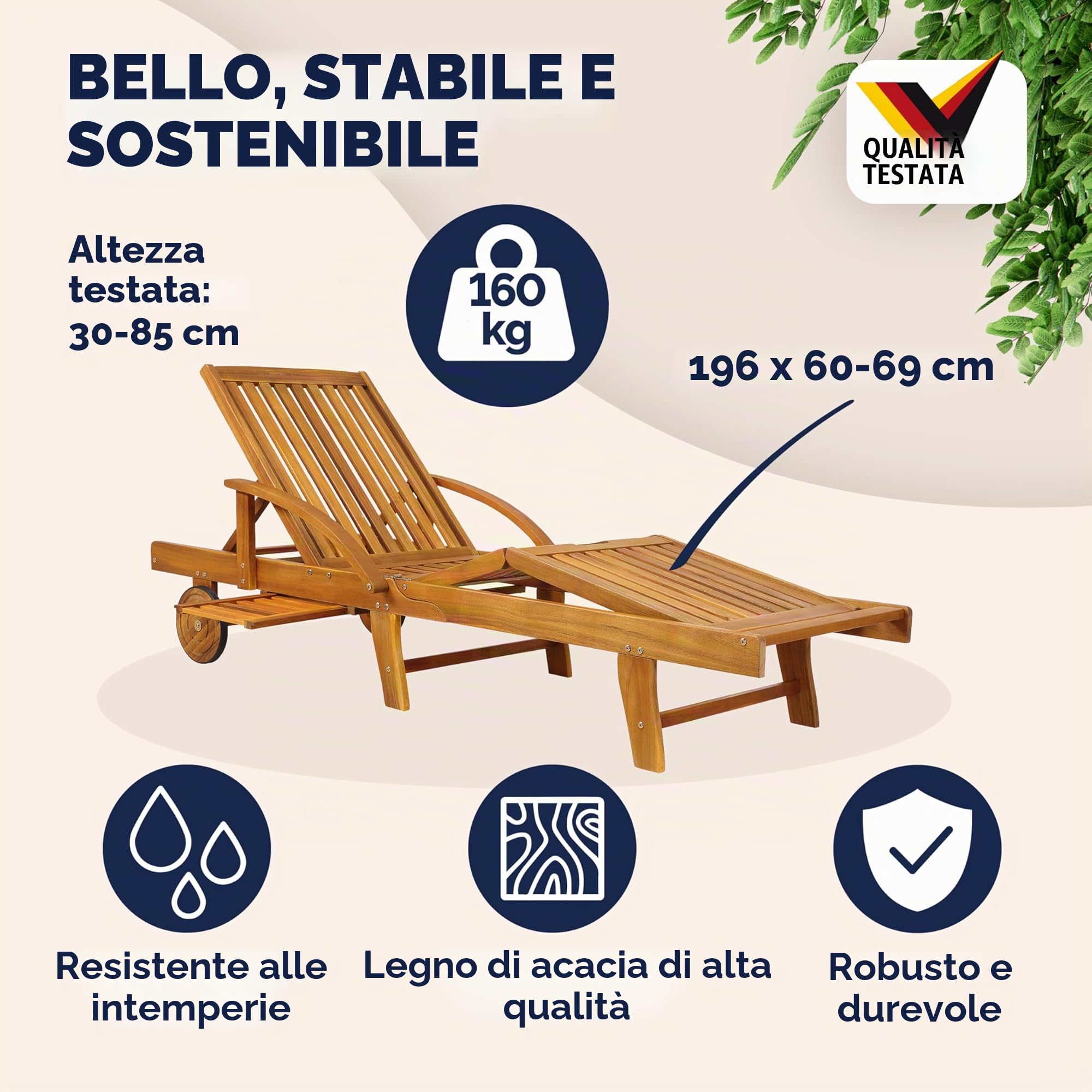 Casaria Sdraio Lettino Prendisole in Legno Acacia 196x69x85 cm | con Tavolino Estraibile, Poggiapiedi, Sedia Lettini, Sdraie da Giardino Terrazza Esterno, Sauna