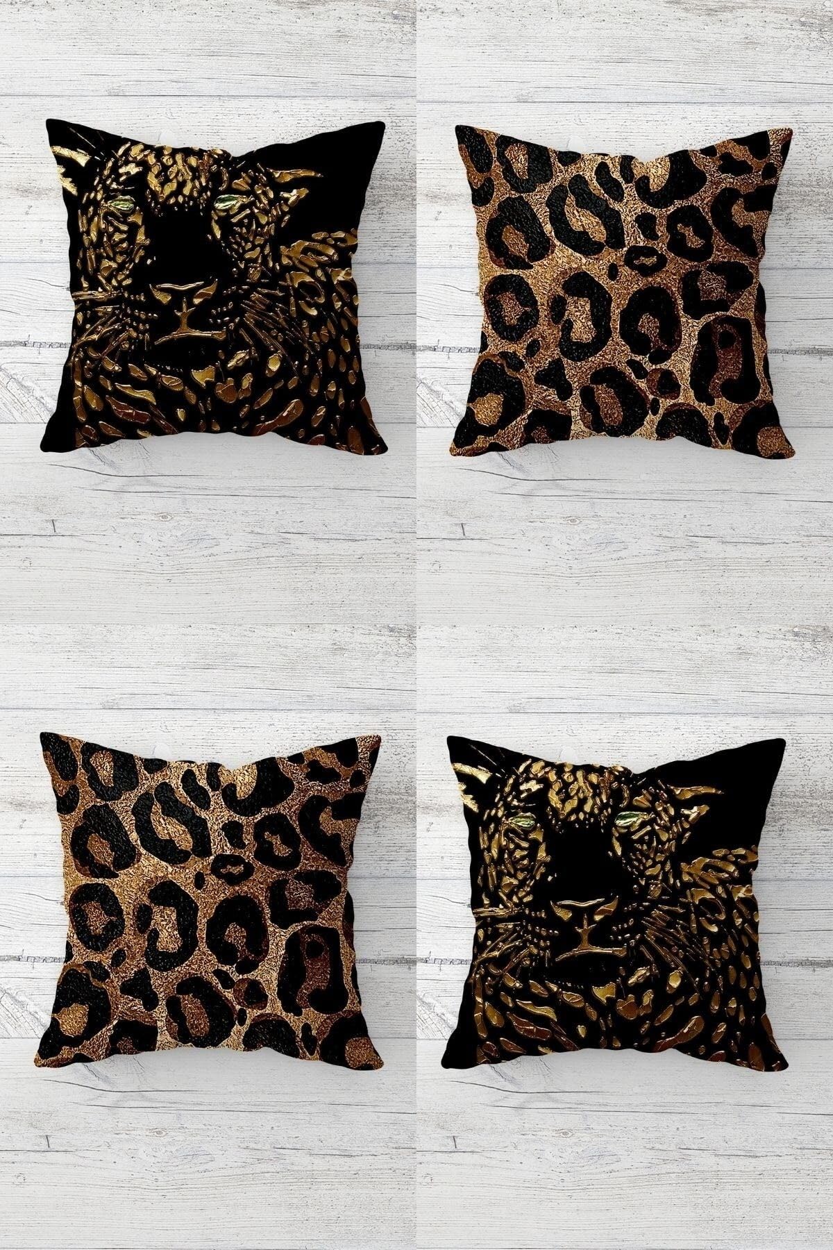 Pelangi Gold Leopar Ve Kaplan Desen Gizli Fermuarlı Kırlent Kılıfı Koltuk Yastık Kılıfı Takım(4adet), Gold-Siyah 45 x 45