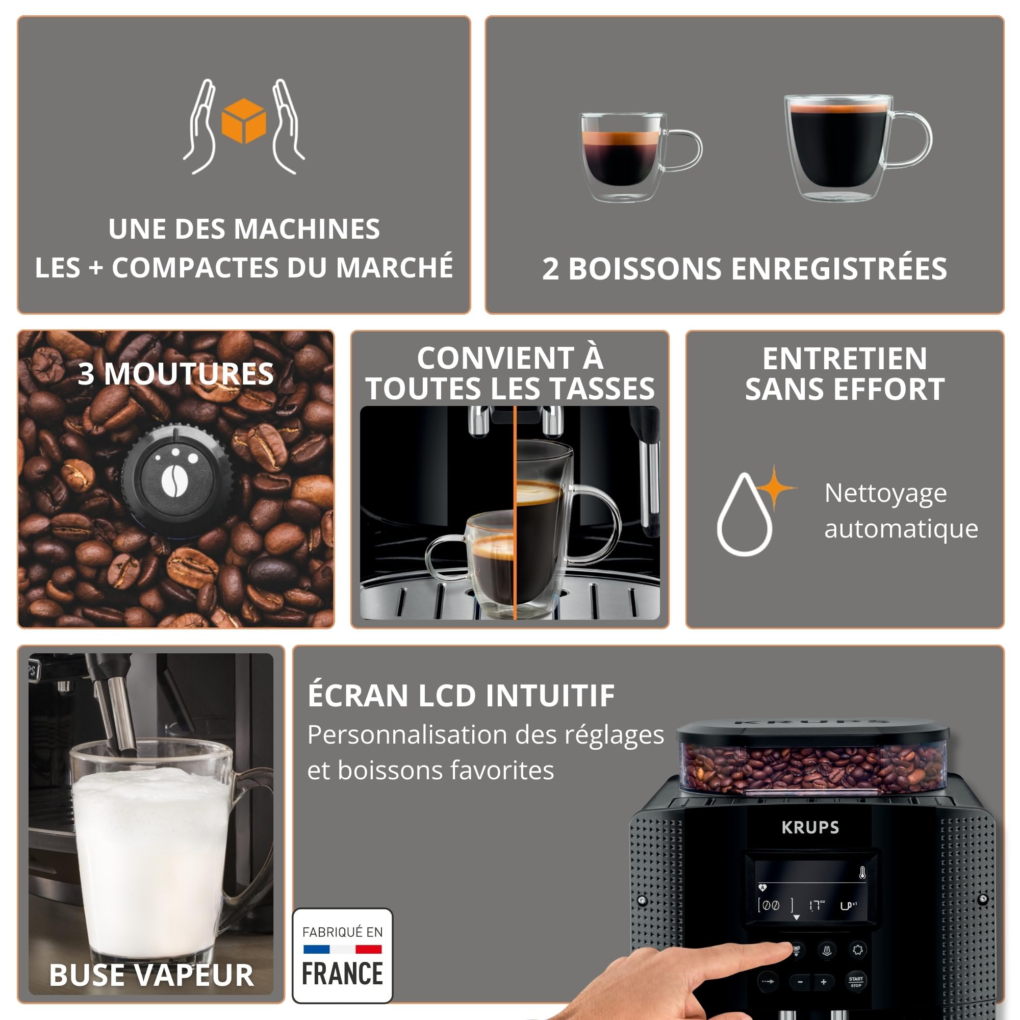 Machine a Cafe KRUPS grain, 1.7 L, Cafetiere espresso, Buse vapeur pour Cappuccino, 2 tasses en simultané, Essential YY8135FD, Noir
