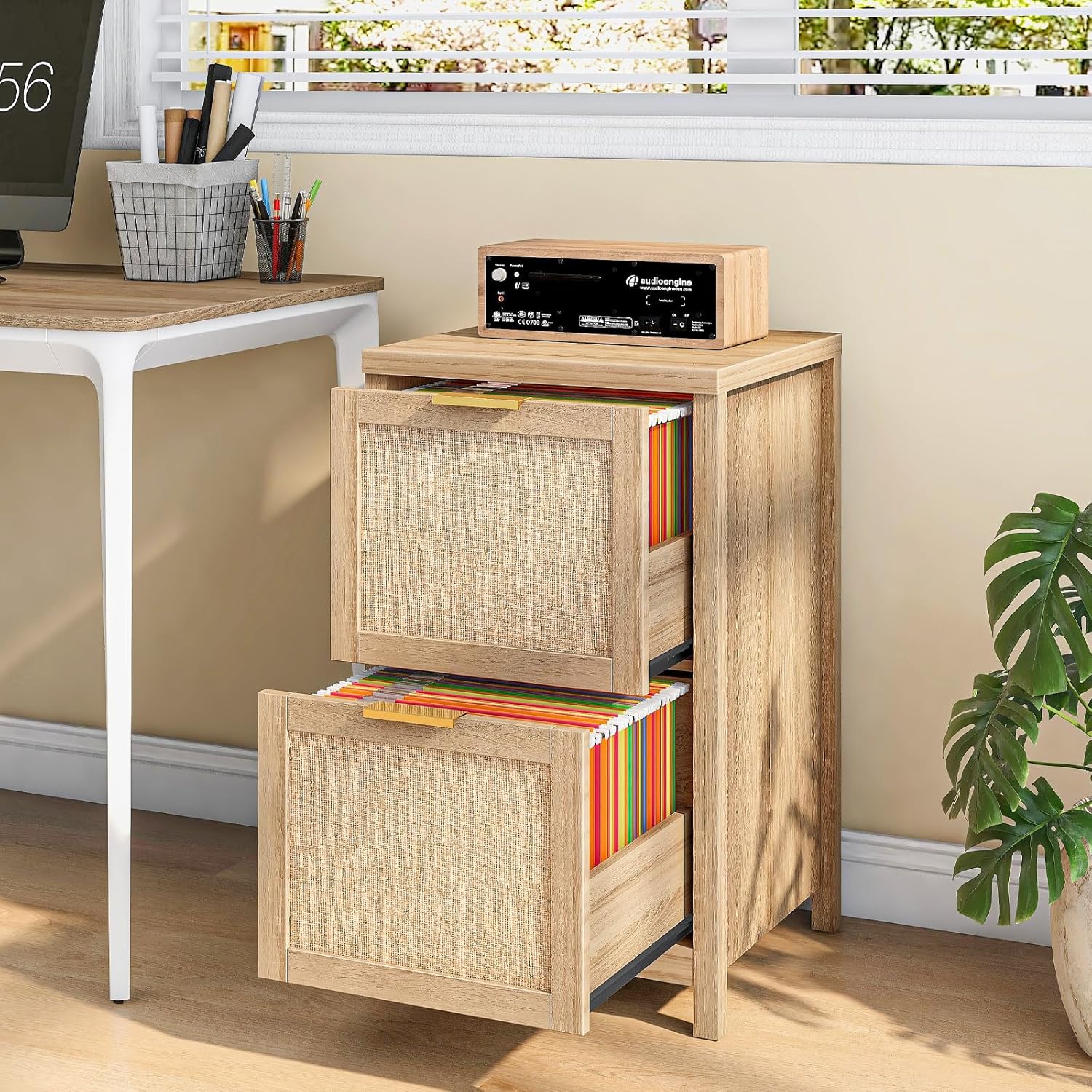Halitaa 2-Drawer Rattan Small File Cabinet, Farmhouse Vertical Filing Cabinet Fits A4/Letter Size, Under Desk File Cabinets with Storage for Home Office, Wooden Printer Stand, Natural Oak